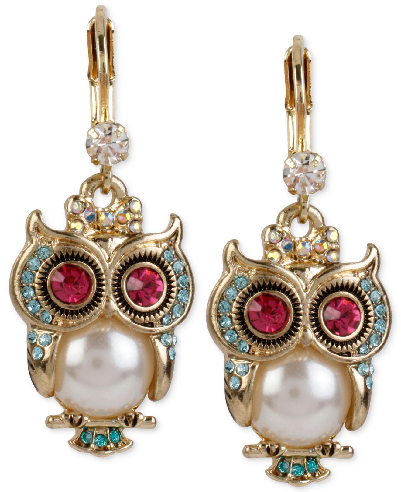 Lyst Betsey Johnson Goldtone Ornate Owl Drop Earrings in Metallic