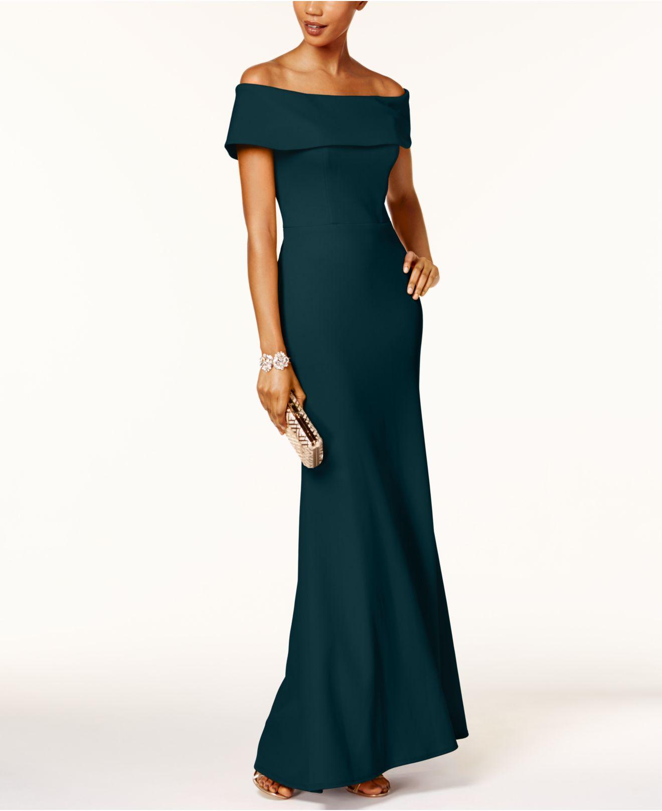 ruffle off the shoulder gown