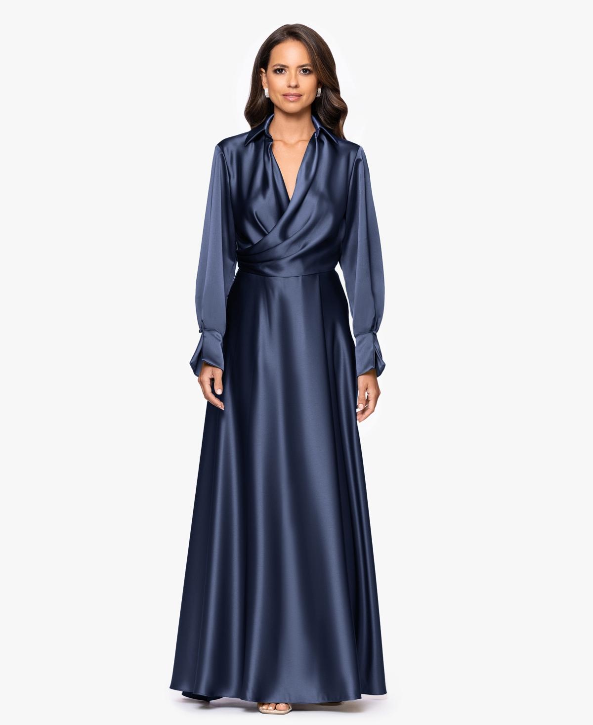 knee length dresses for ladies Long Sleeve Illusion Sequin Gown 0 / Navy Multi