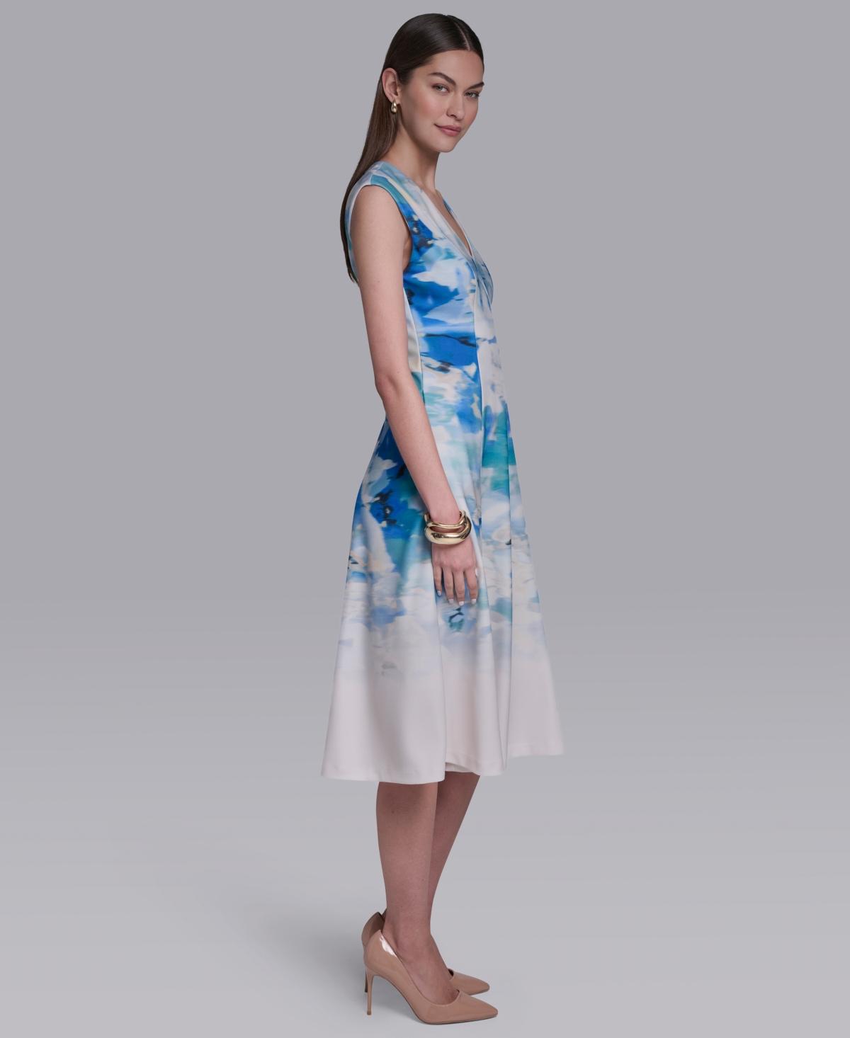 Halston V-neck Cap-sleeve Midi Dress in Blue | Lyst