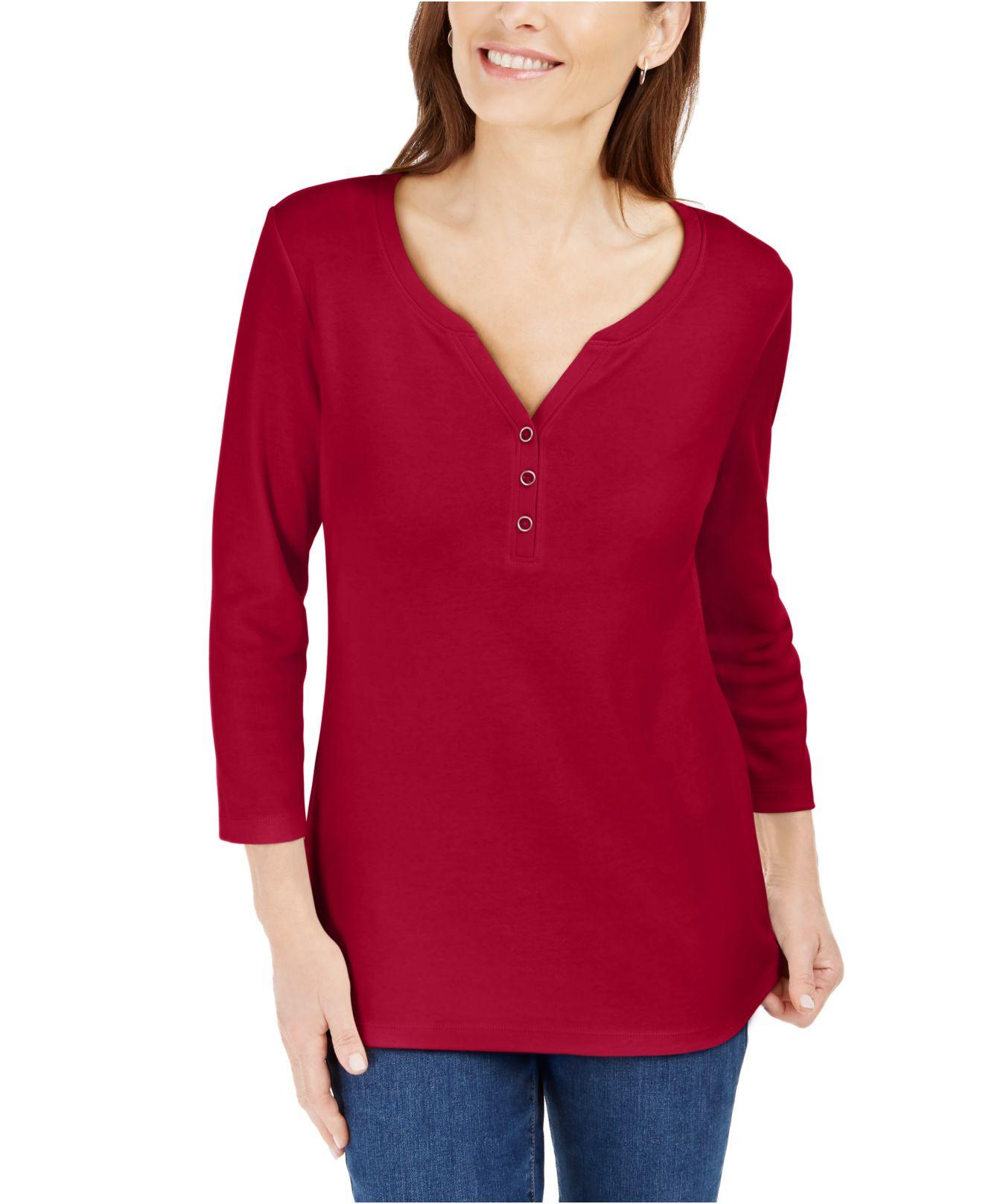 Petite 3/4-sleeve Henley Shirt, Created 
