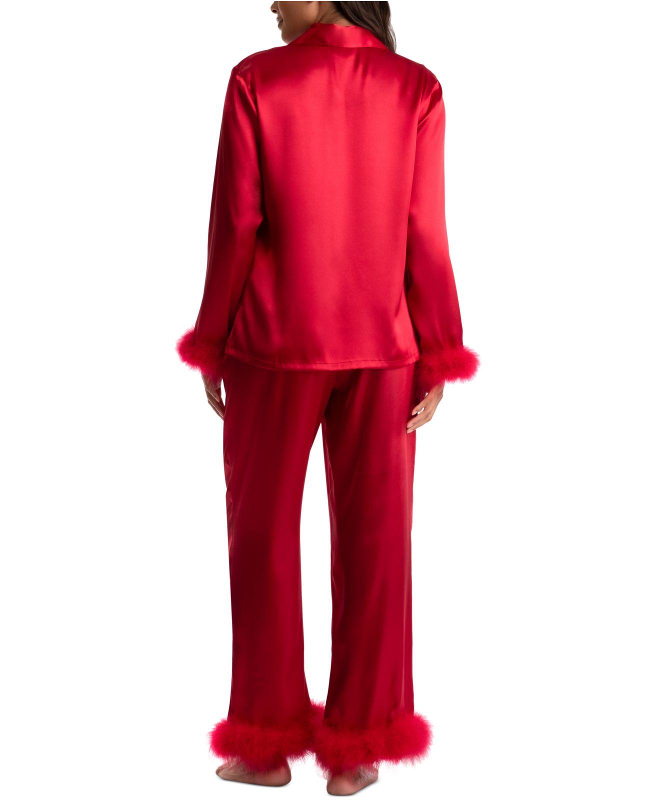 Linea Donatella Marabou Feather Satin Pajama Set in Red | Lyst