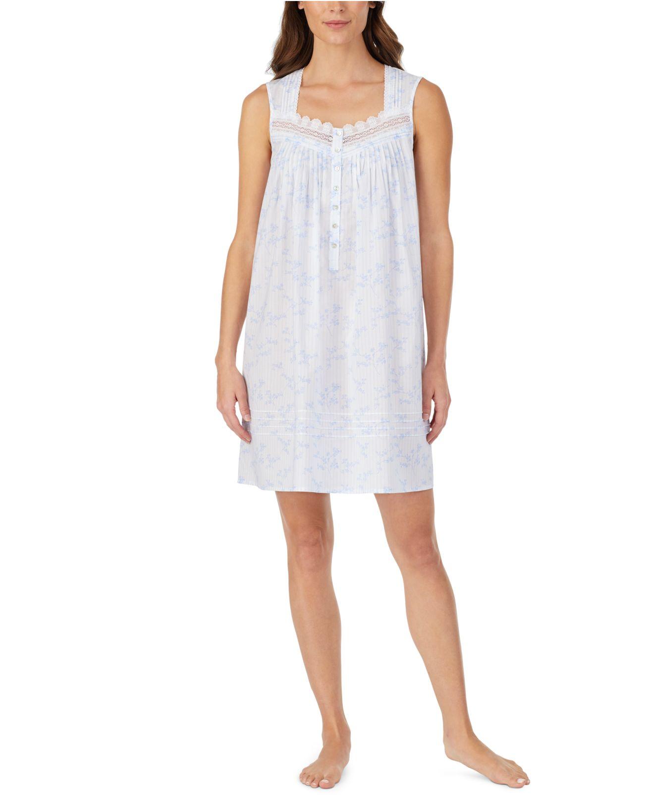 Eileen West Cotton Lace-trim Chemise Nightgown in Floral Stripe (White ...