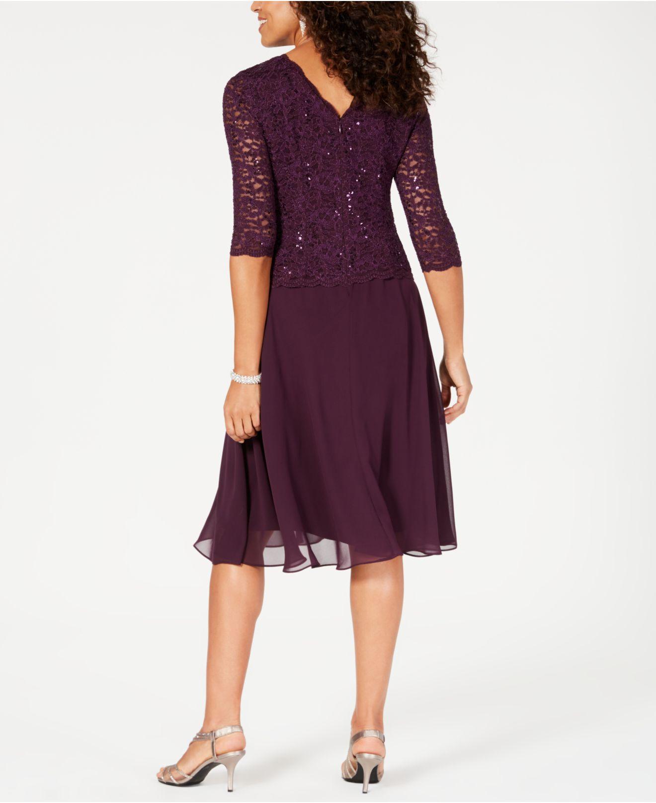 Alex Evenings Sequined Lace Contrast Dress in Deep Plum (Purple) - Lyst
