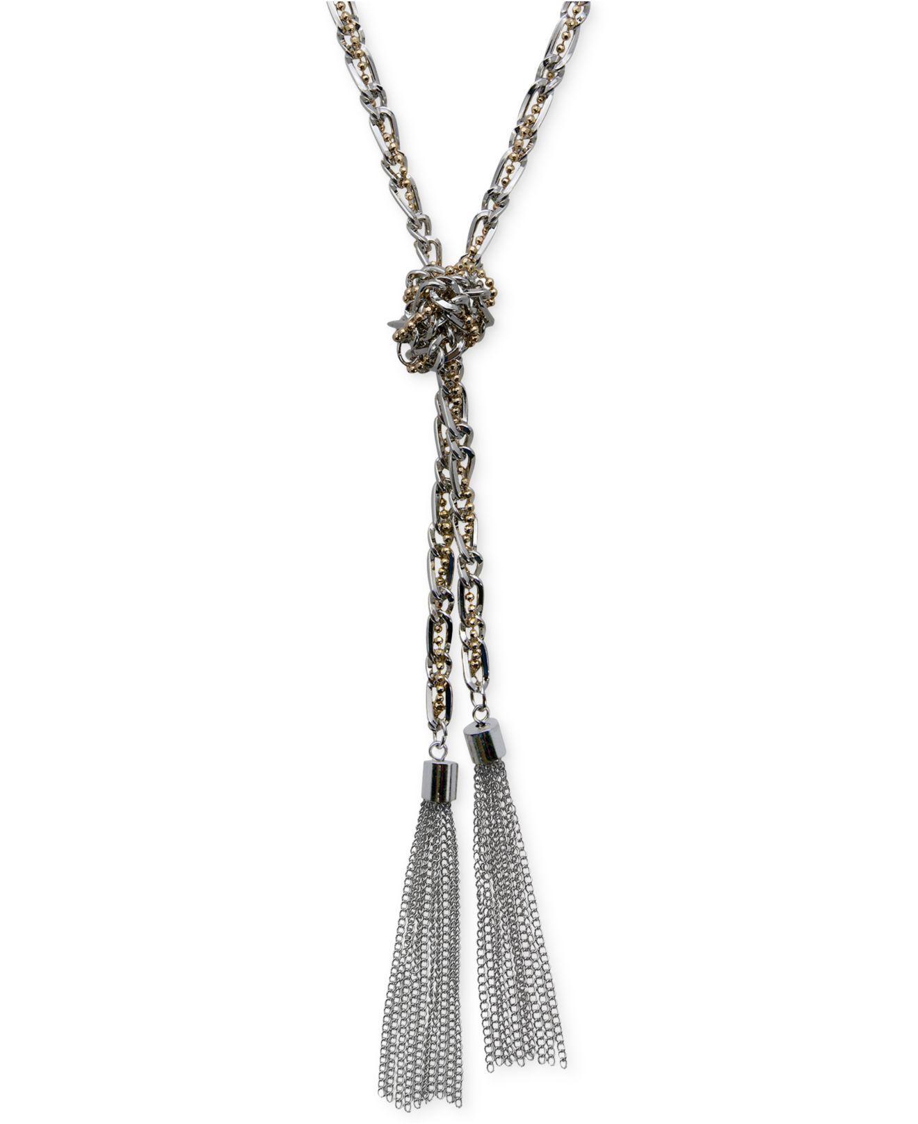 Guess Two-tone Long Knotted Tassel Lariat Necklace in Metallic - Lyst