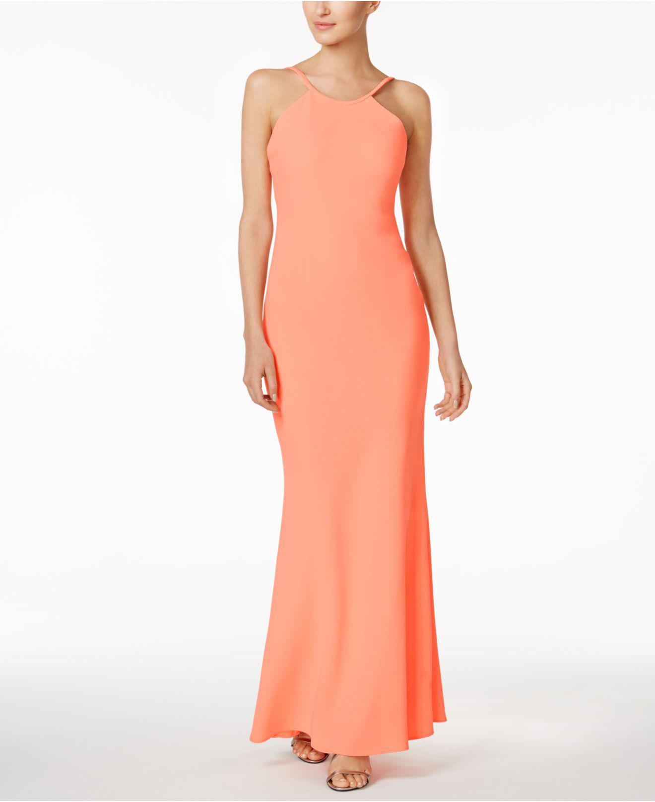 calvin klein open back halter gown