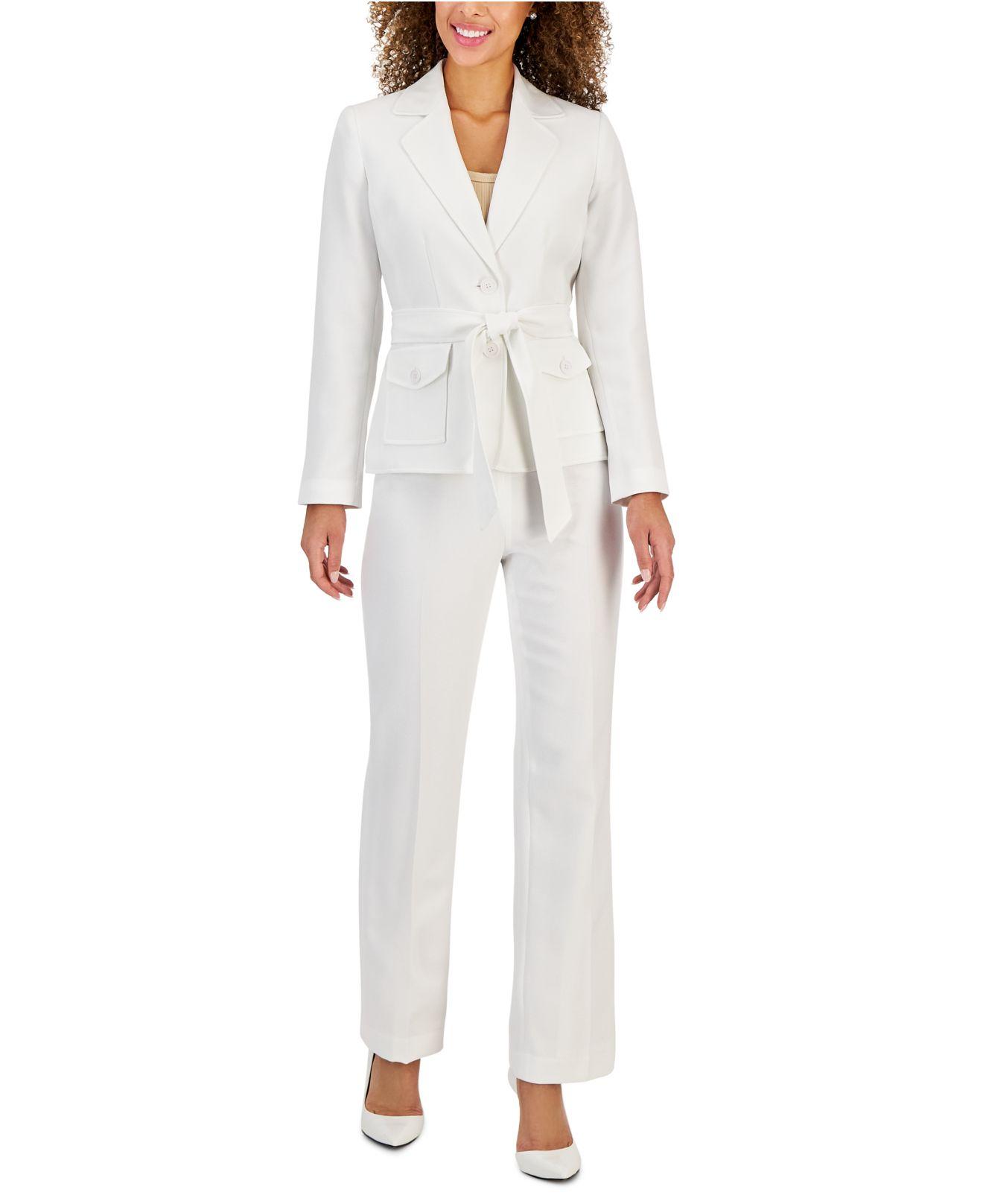 Le Suit Belted Safari Jacket Pantsuit, Regular & Petite Sizes in White ...