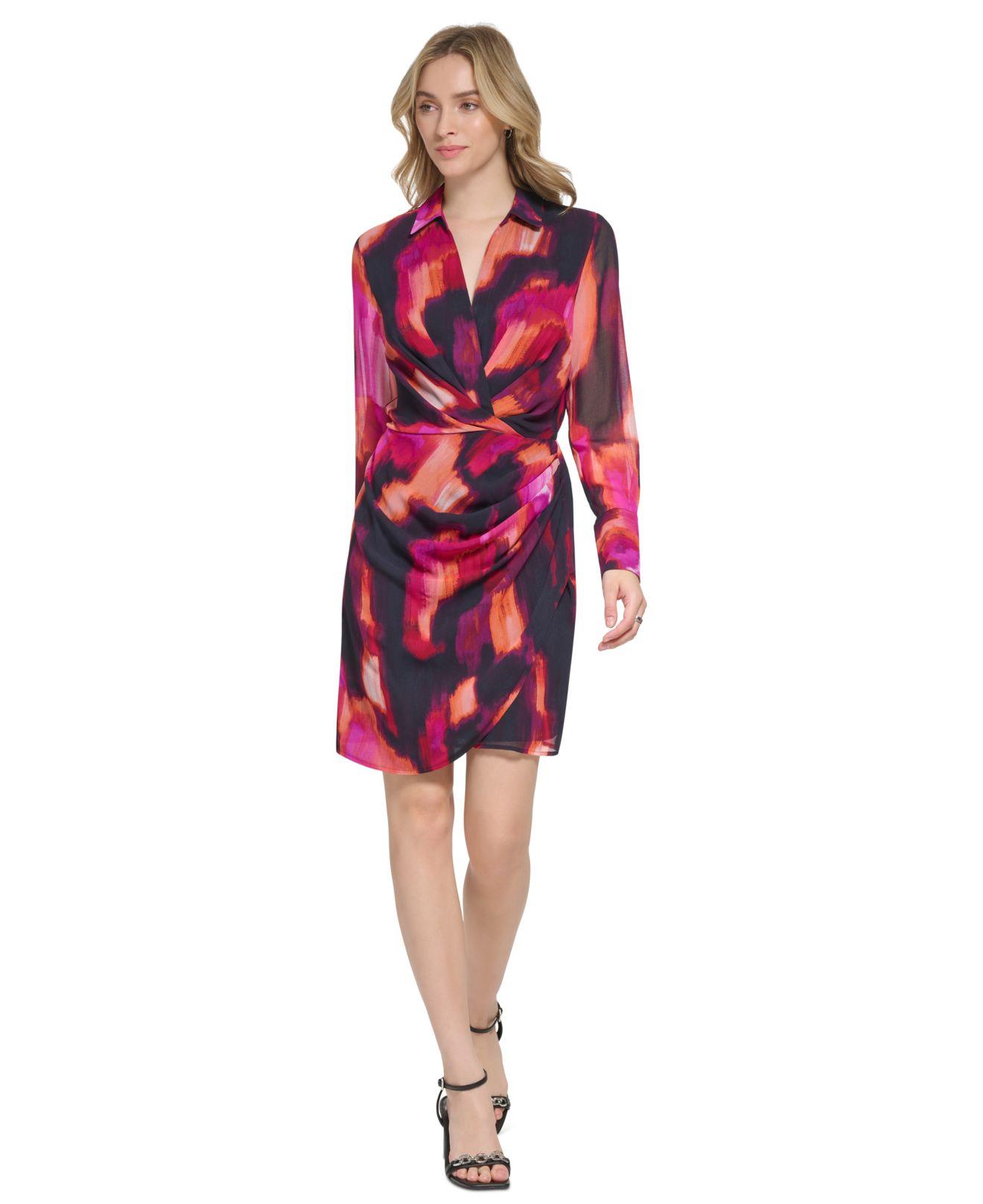 Calvin Klein Printed Long Sleeve Faux Wrap Dress in Red | Lyst