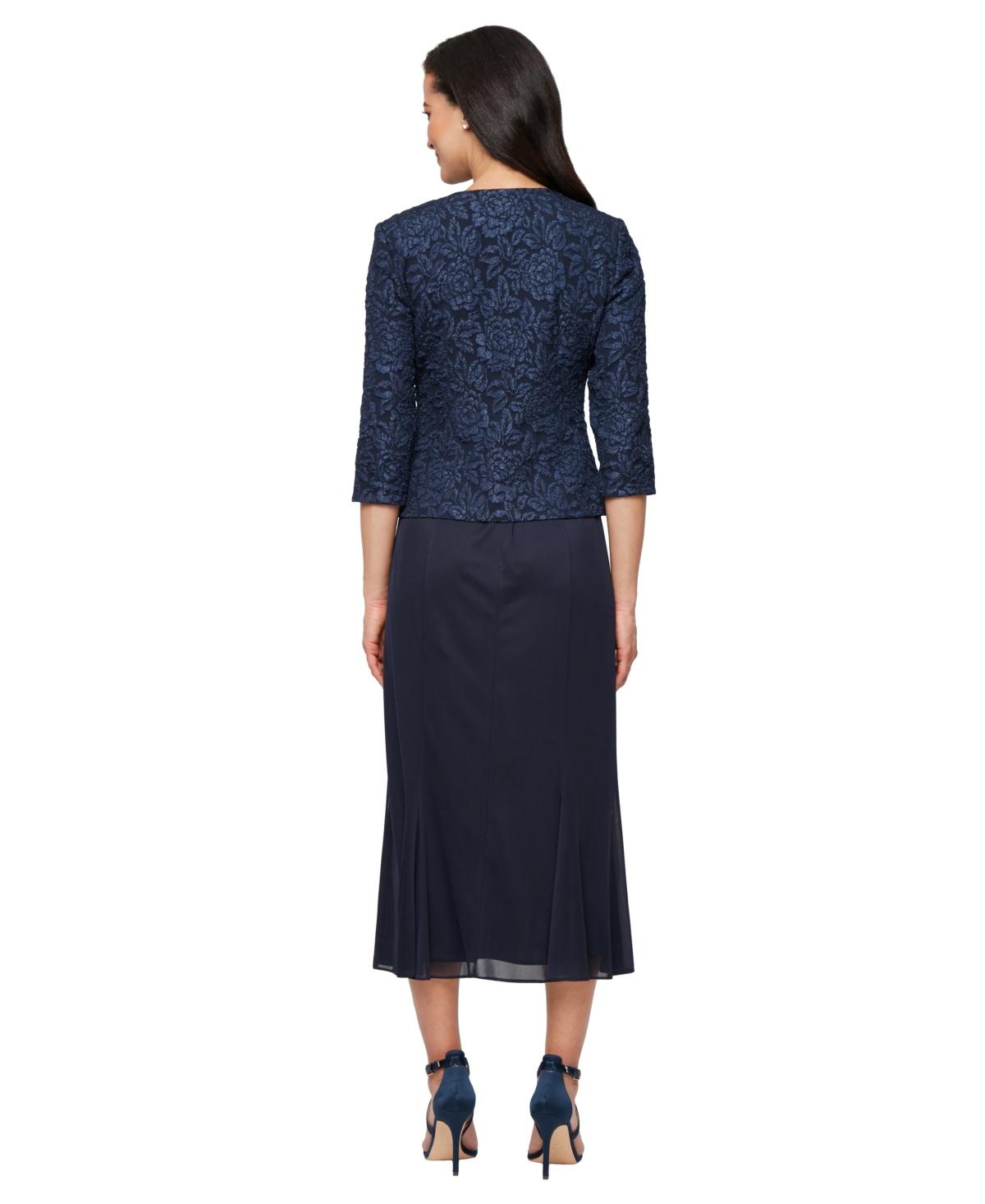alex evenings jacquard tea length jacket dress Alex Evenings Textured Jacquard Tea-length Midi Jacket Dress in Blue