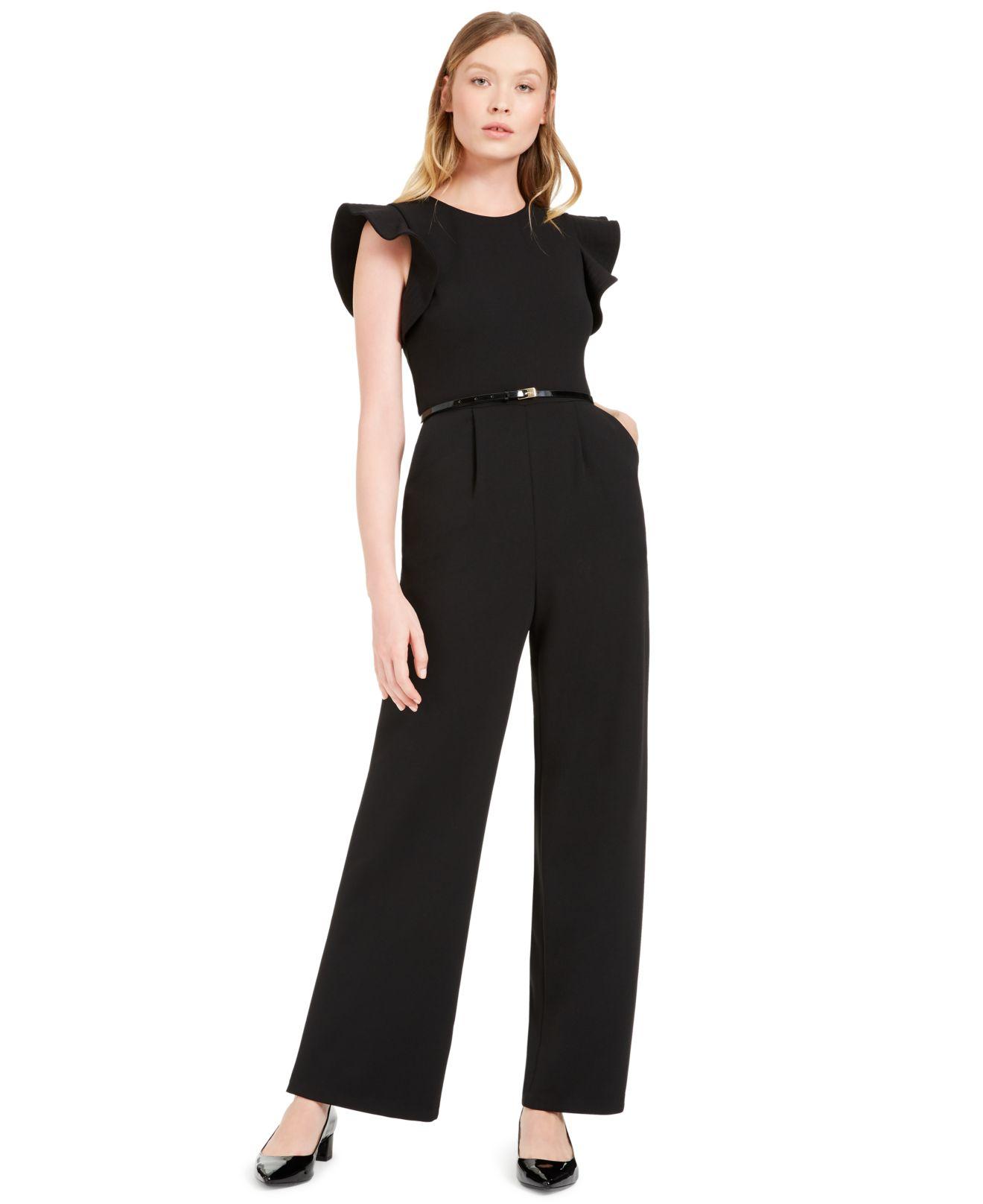 Calvin Klein Belted Ruffle-sleeve Jumpsuit in Black | Lyst