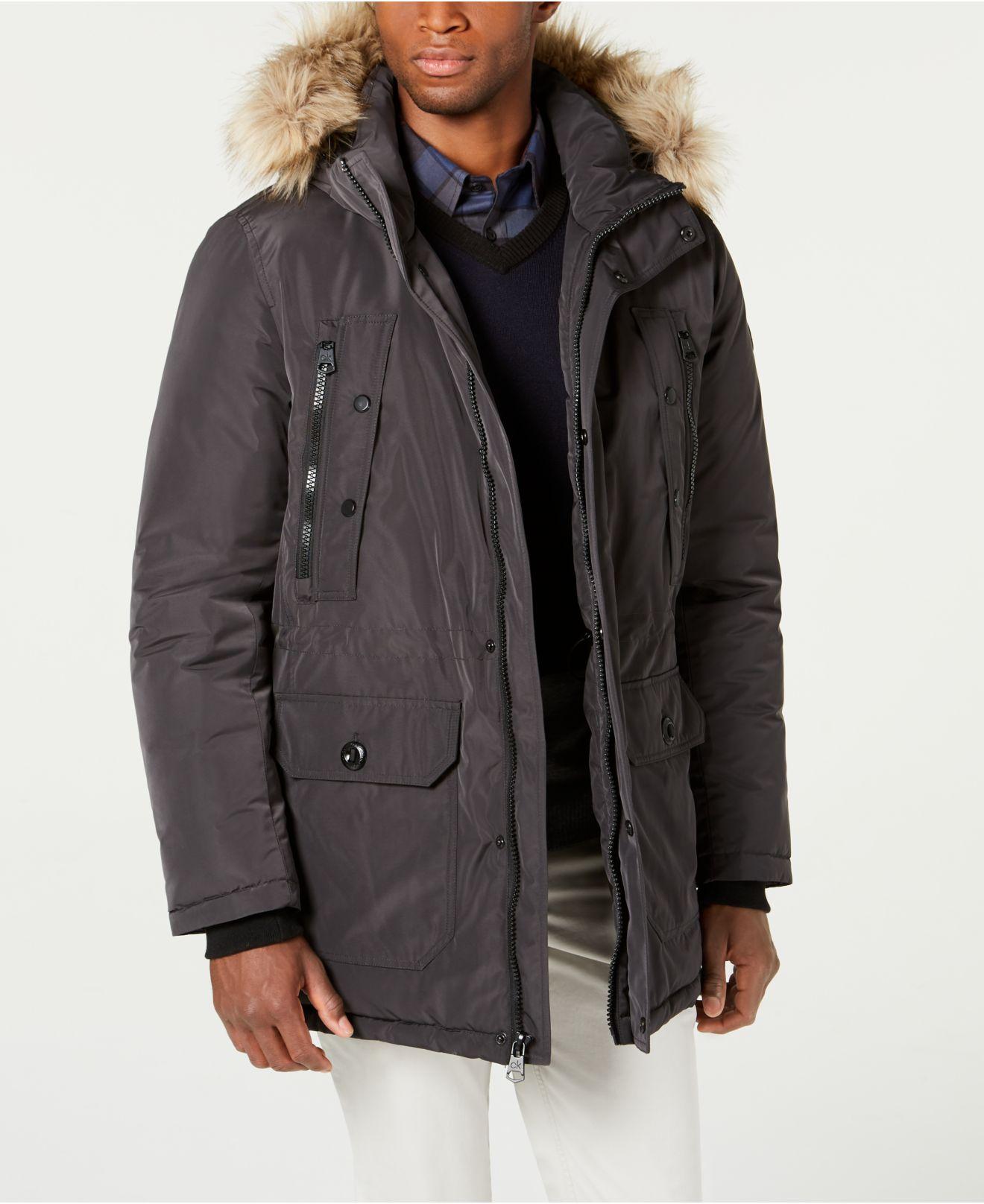 Calvin Klein Long Snorkel Coat With Fauxfur Trimmed Hood in Gray for