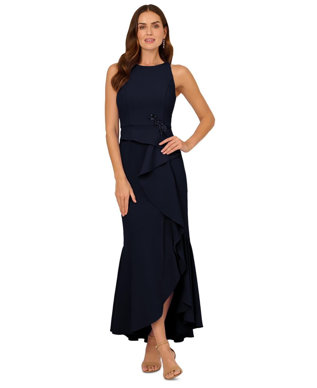 Adrianna Papell Cascading-ruffle Crepe Gown in Blue | Lyst