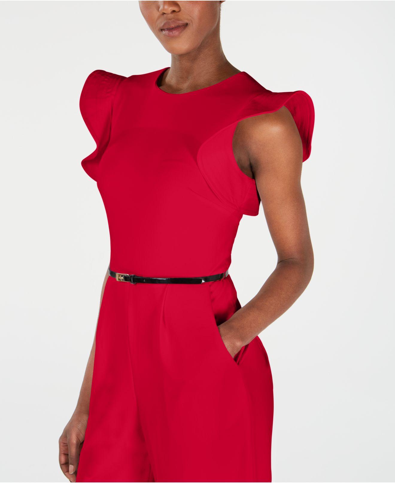 Calvin Klein Petite Belted Ruffle-sleeve Jumpsuit in Red | Lyst