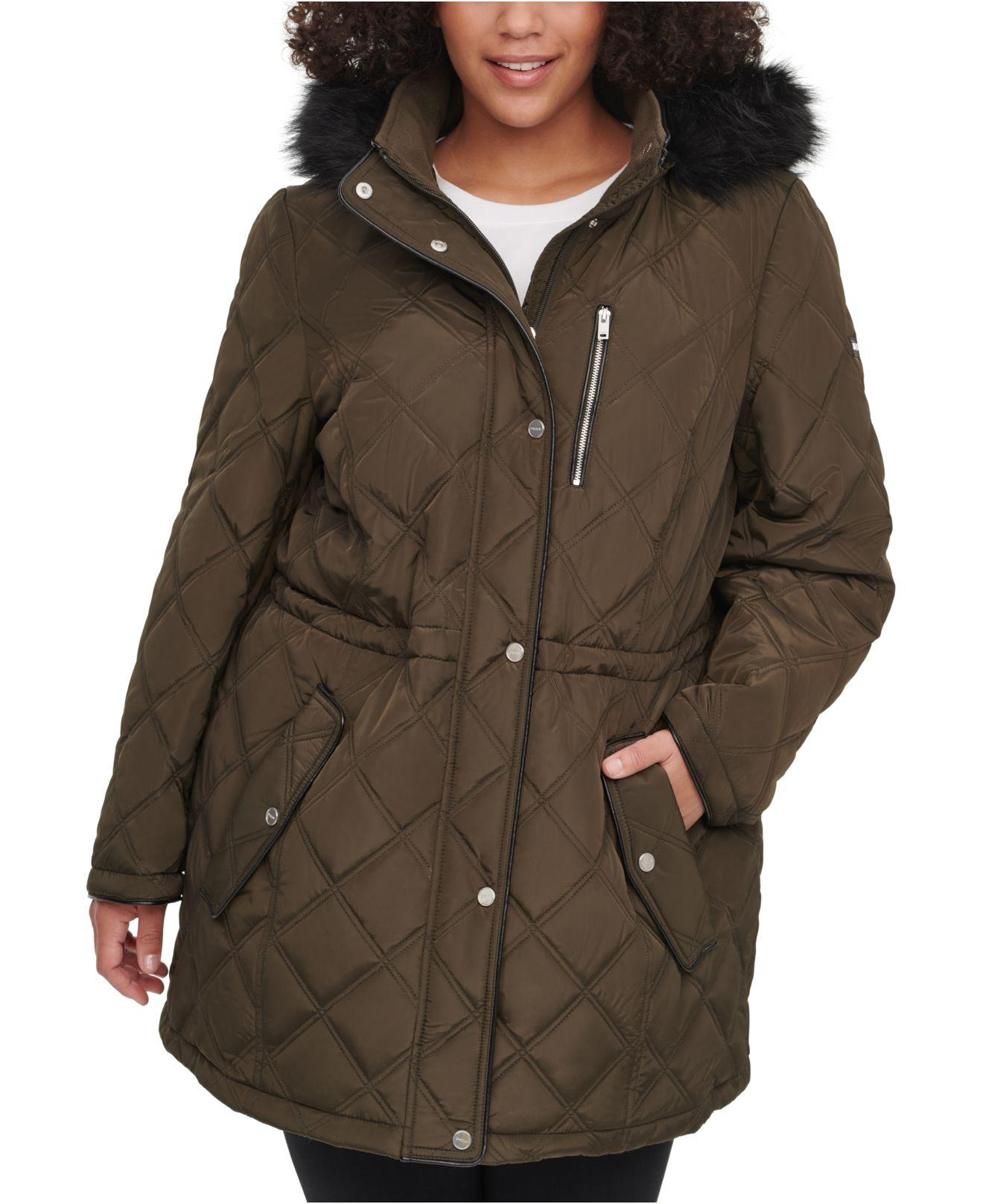 copper key quilted faux fur hooded anorak coat