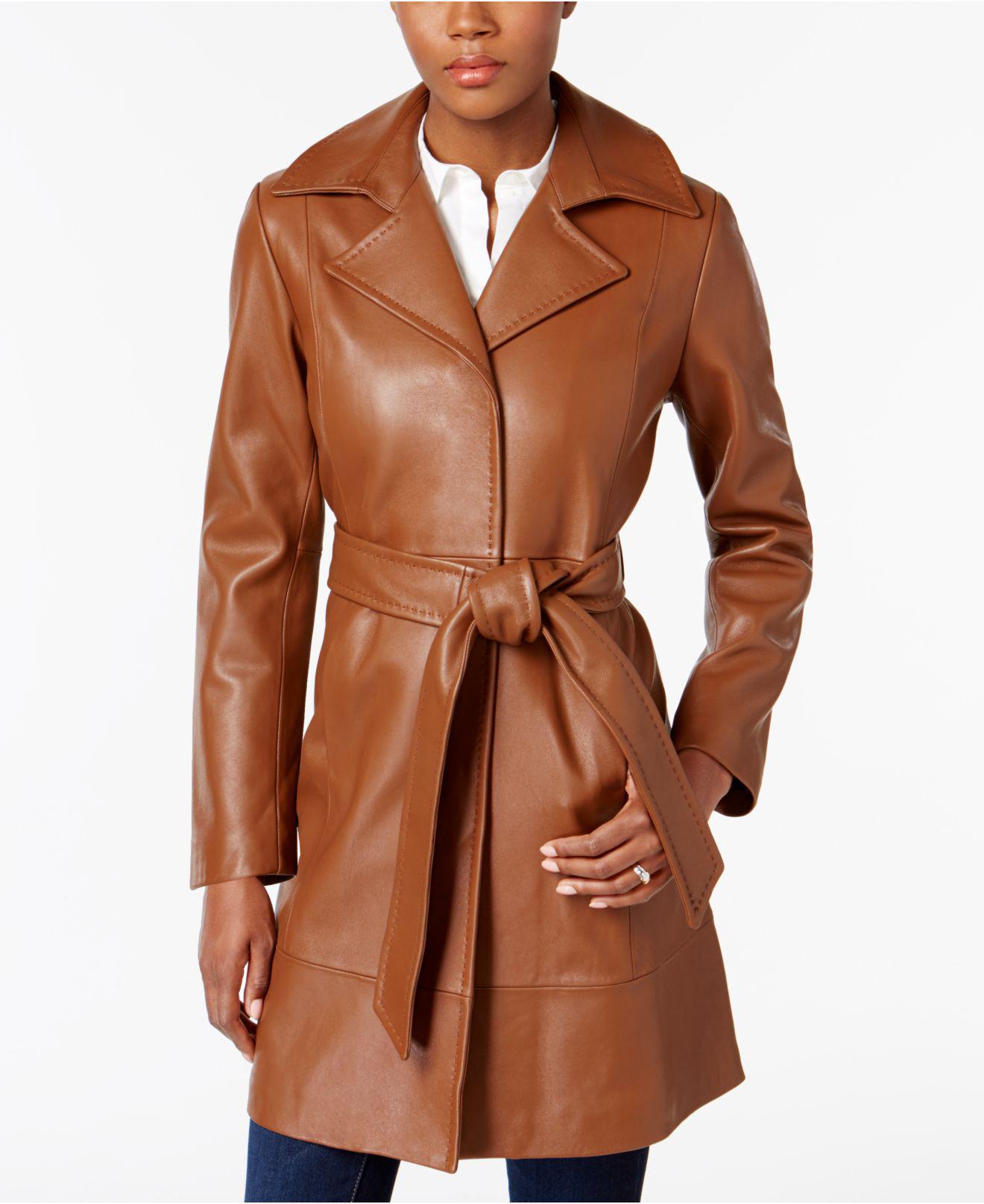 Jones New York Leather Belted Trench Coat in Brown | Lyst