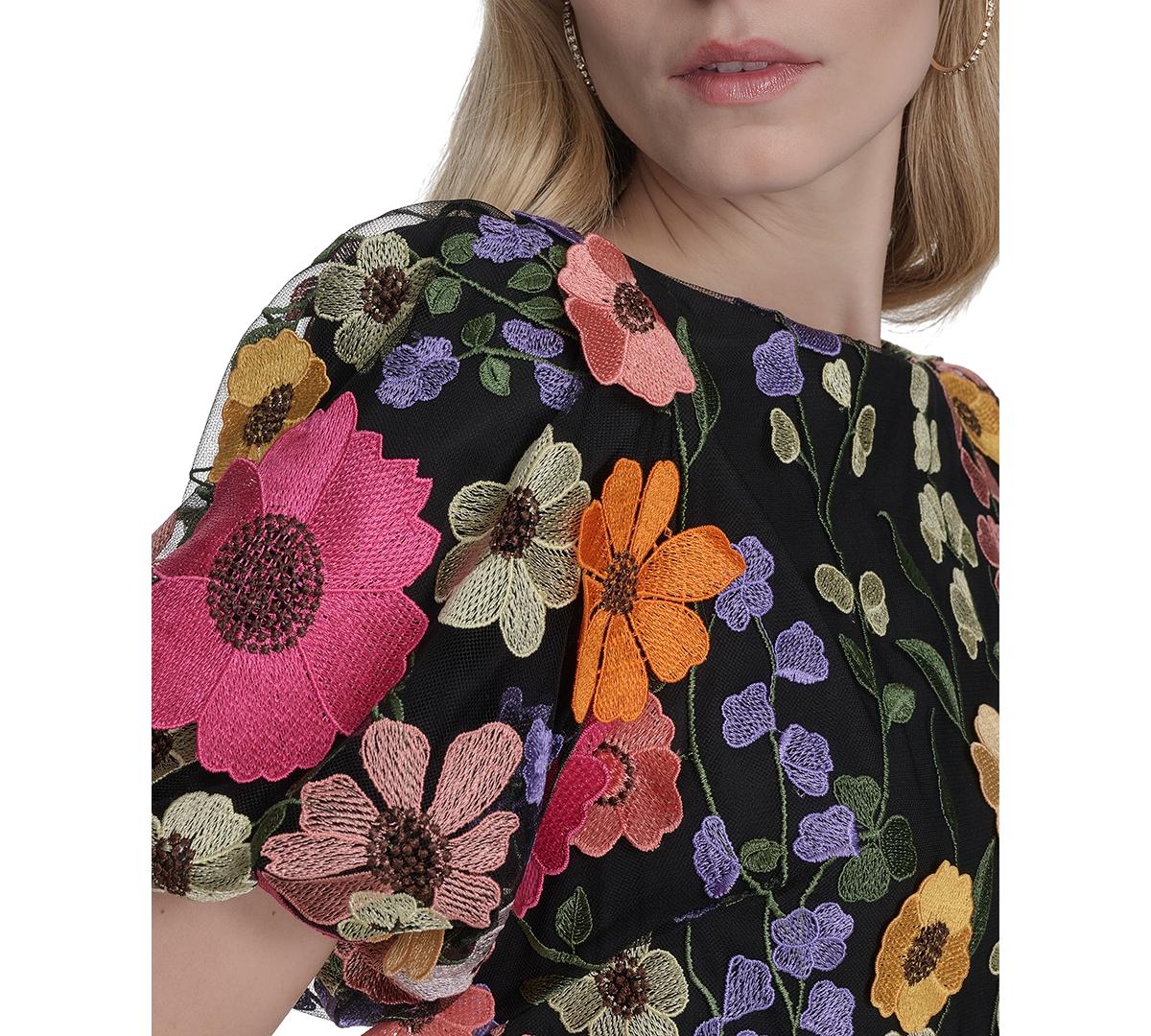 Eliza J Embroidered Floral Puff-sleeve Shift Dress | Lyst