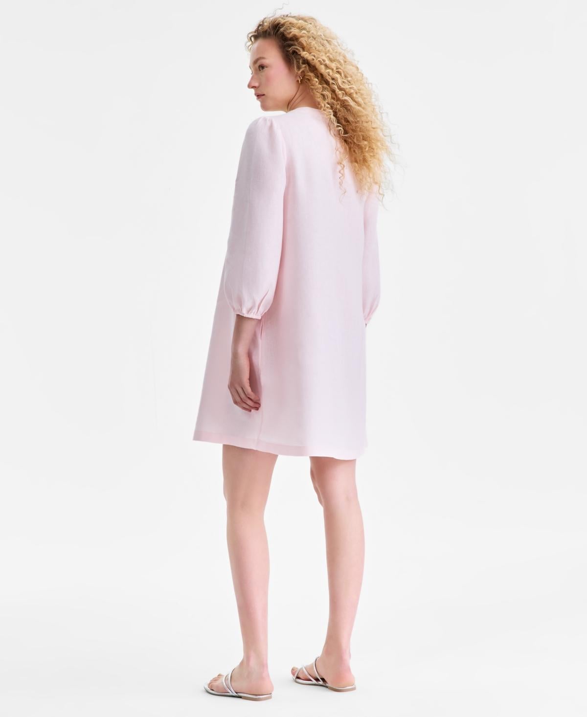 Charter Club 100% Linen Embellished Split-neck Dress in Pink