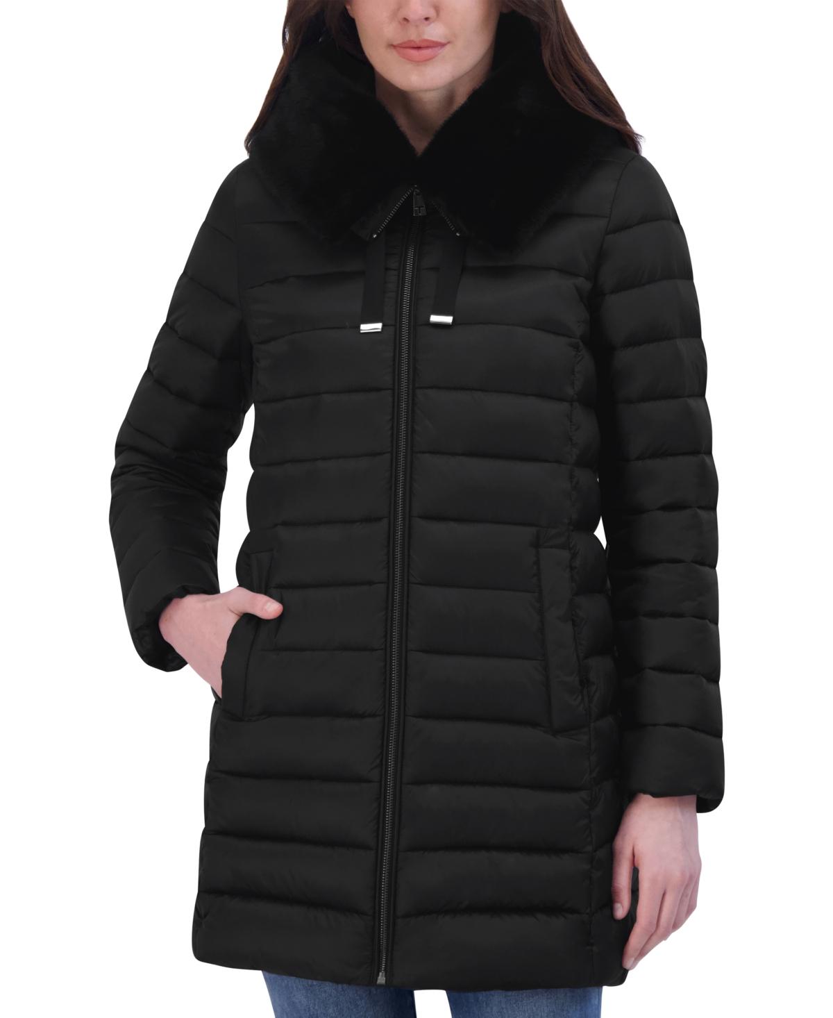 Tahari Faux-fur-trim Hooded Packable Shine Puffer Coat in Black Lyst