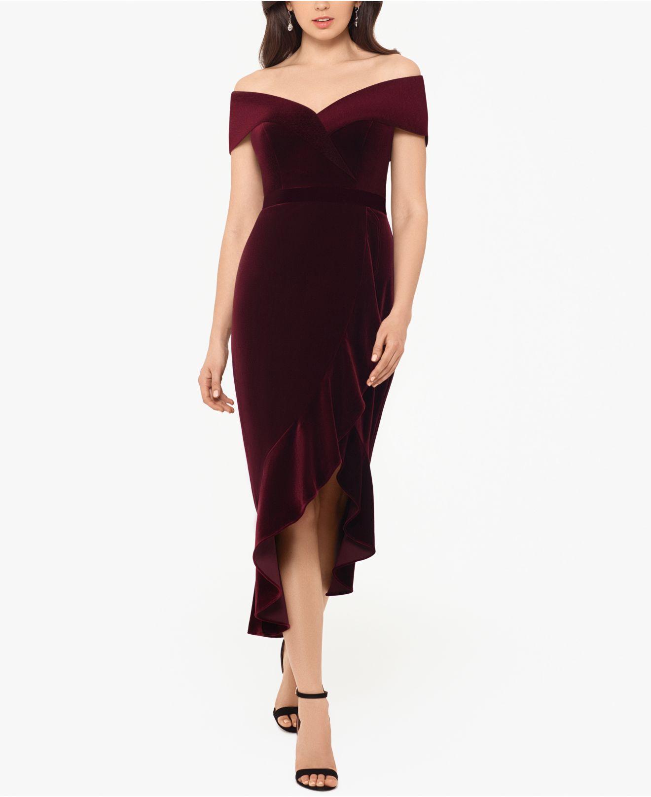 xscape off the shoulder midi dress