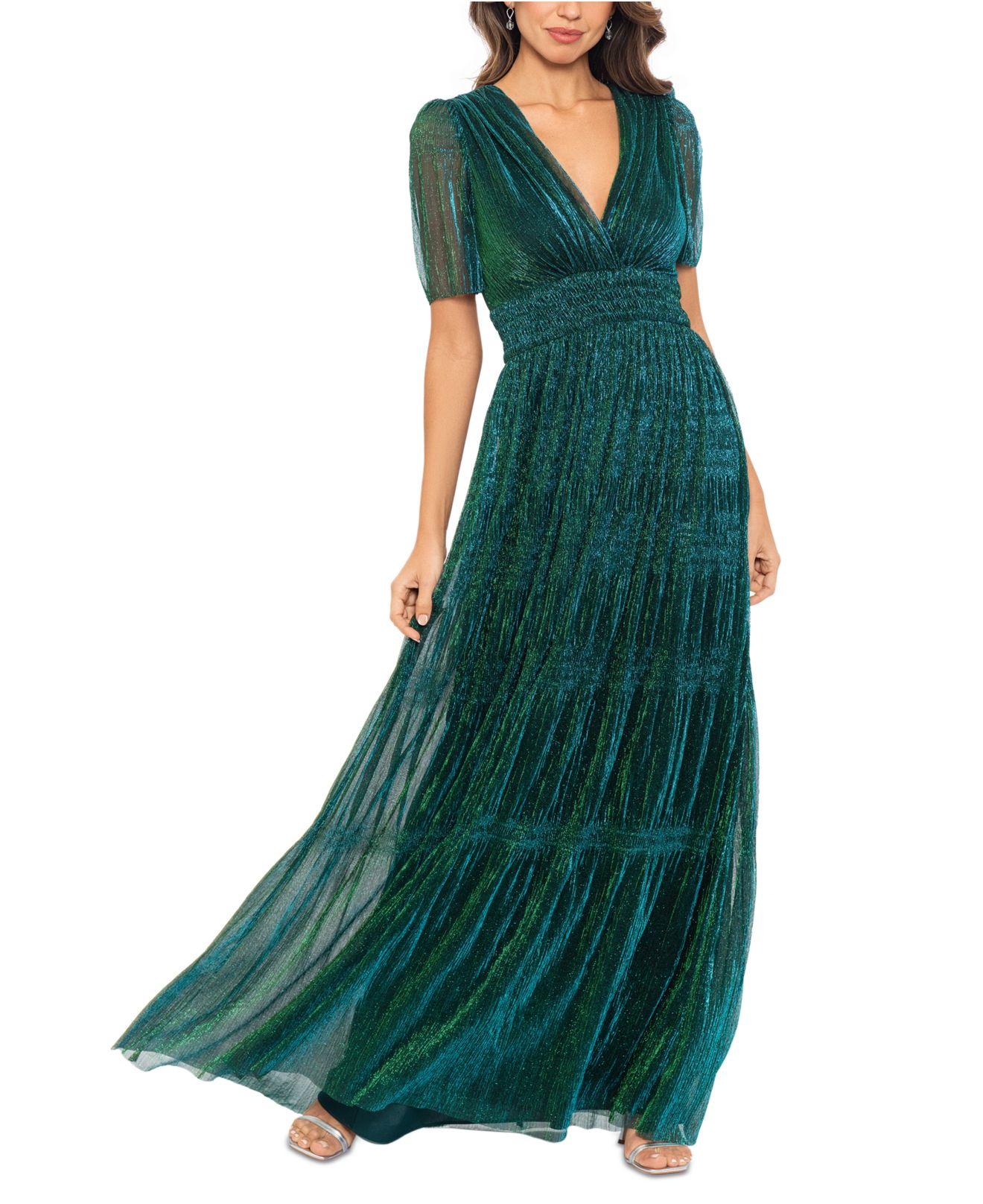 Betsy adam metallic puff sleeve gown in green lyst
