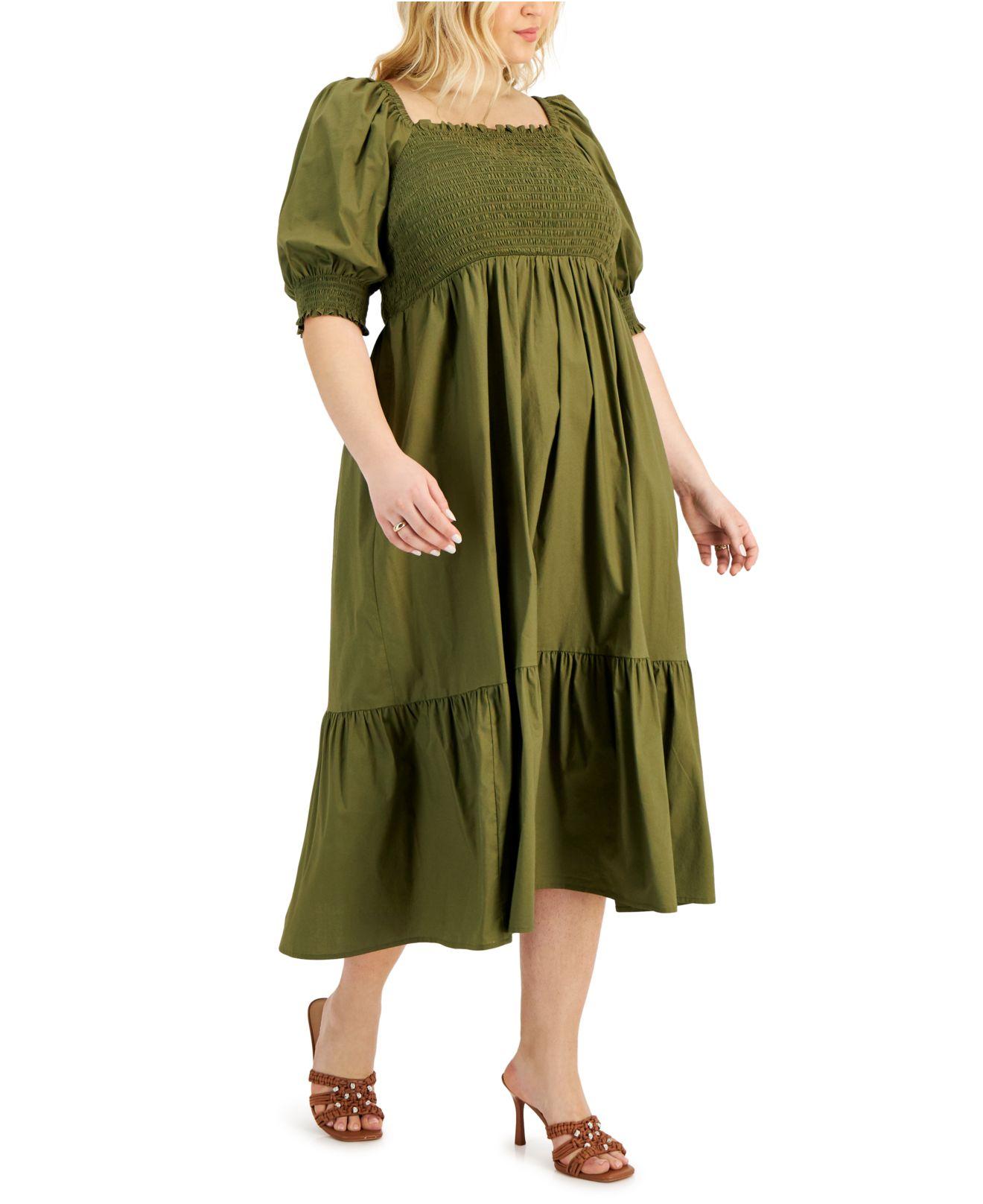 INC International Concepts Plus Size Smocked Puff-sleeve A-line Dress,  Created For Macy's in Green | Lyst