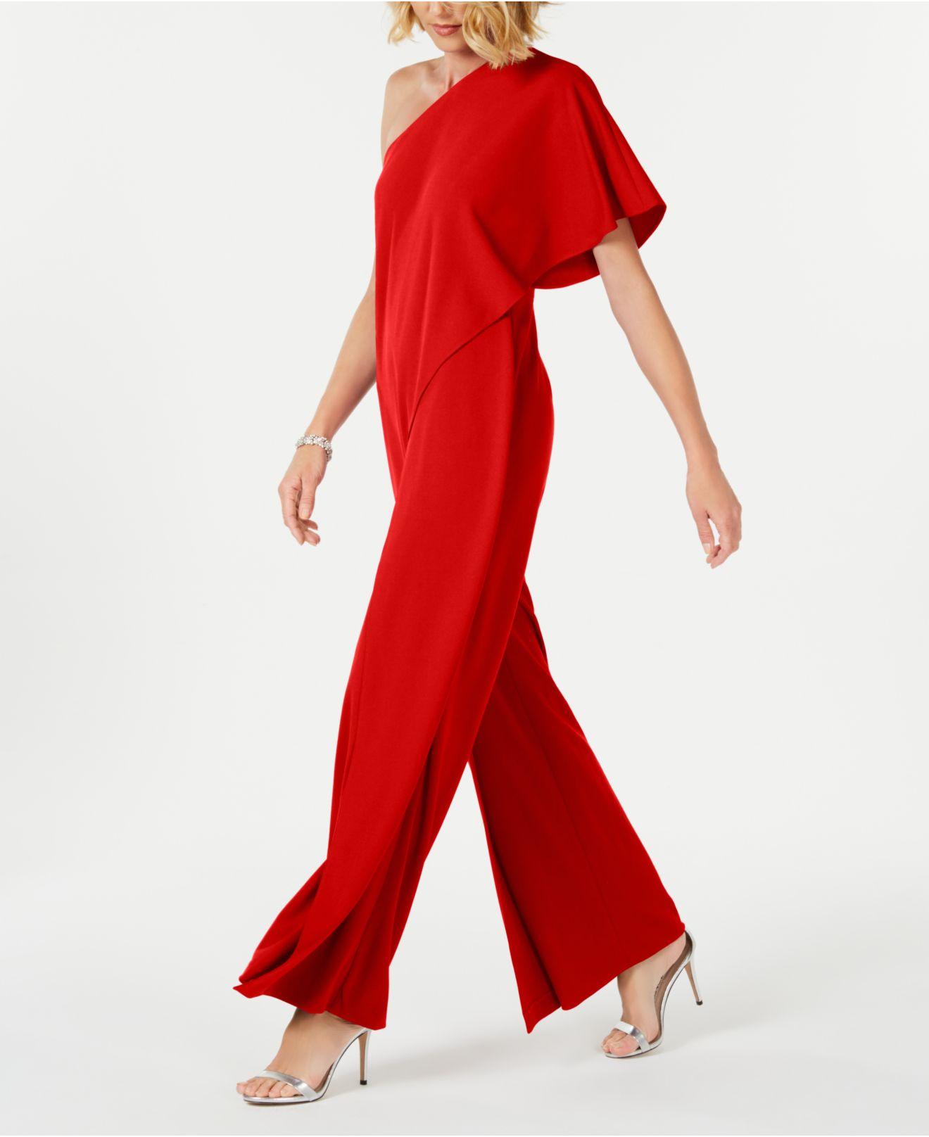 Adrianna Papell Synthetic Draped One-shoulder Jumpsuit in Red | Lyst