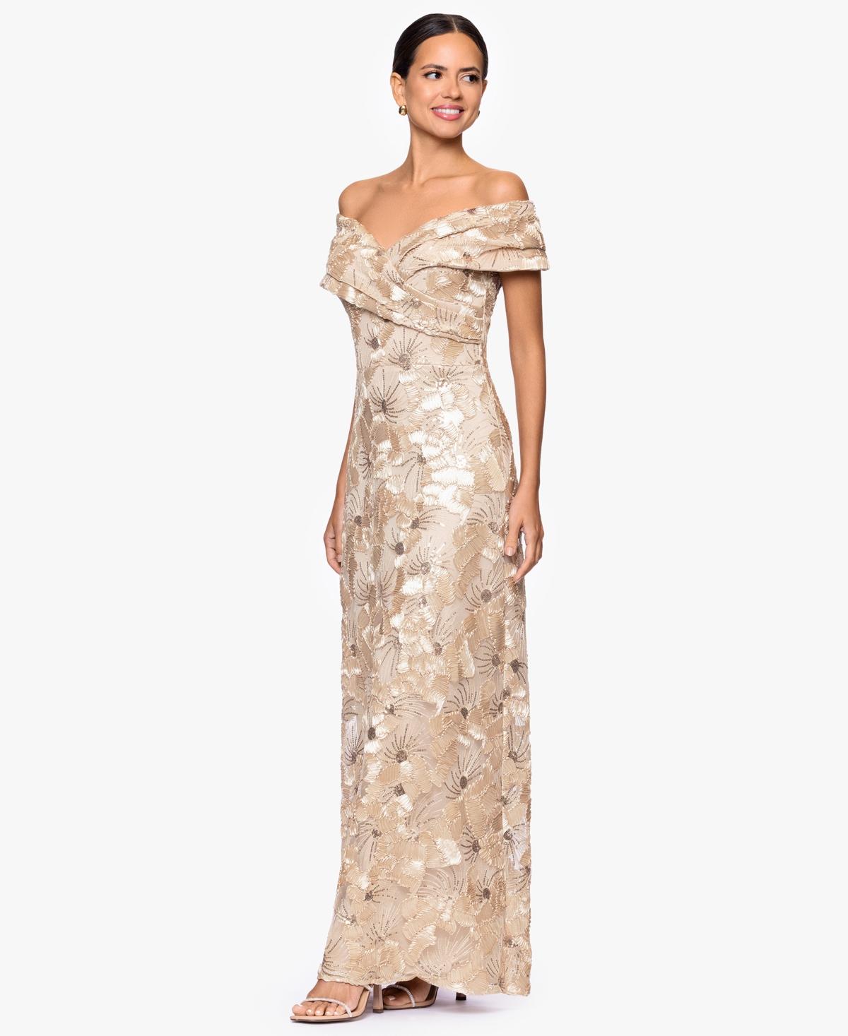 slim fit dress slacks Betsy & Adam Women's Metallic Crinkled Blouson-Sleeve Gown - White Pink Gold main image 1
