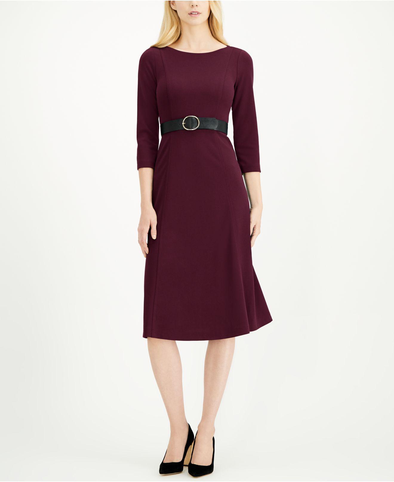 Calvin Klein 3/4-sleeve Belted Midi Dress in Purple | Lyst