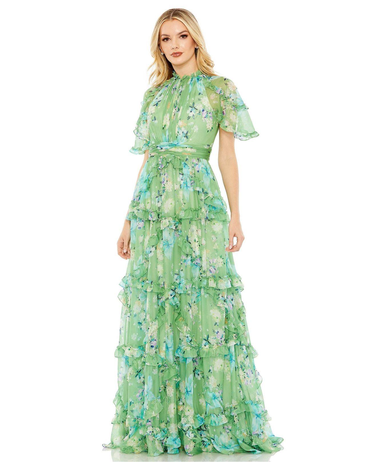 Mac Duggal Floral Print Chiffon Cascading Ruffle Raglan Gown in Green ...