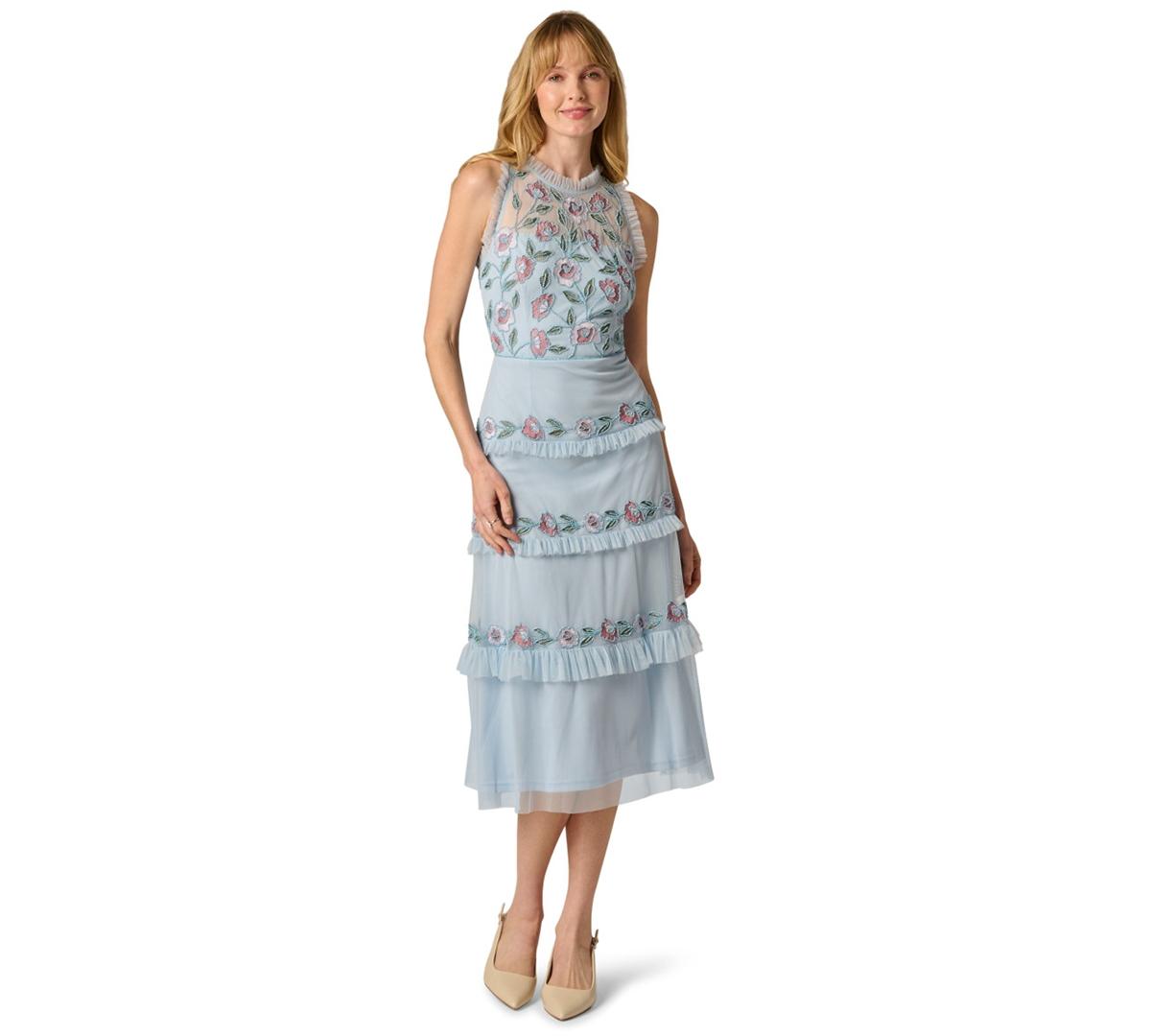 adrianna papell floral chiffon midi halter dress in turquoise multi Beaded Neck Ruffle Blue Ecom Style:ADAE213096