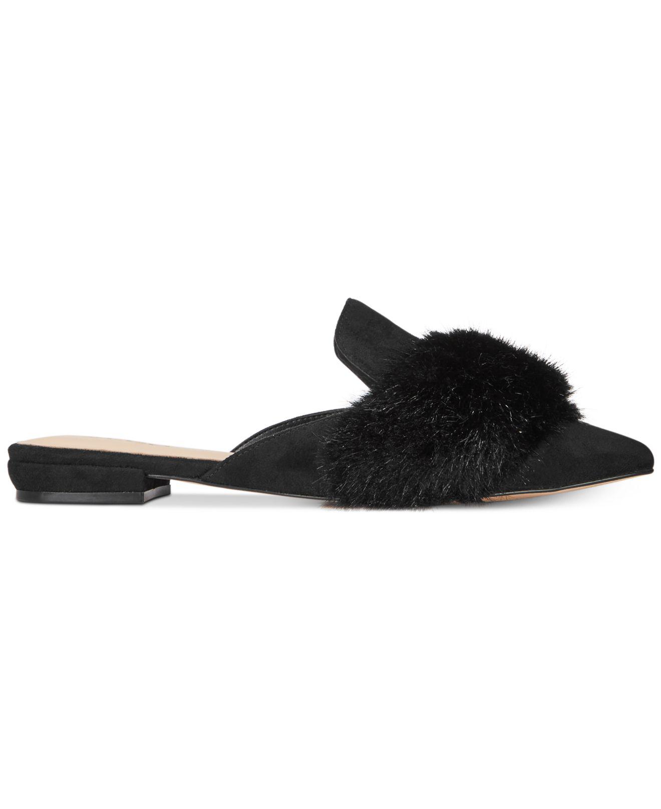 black faux fur mules