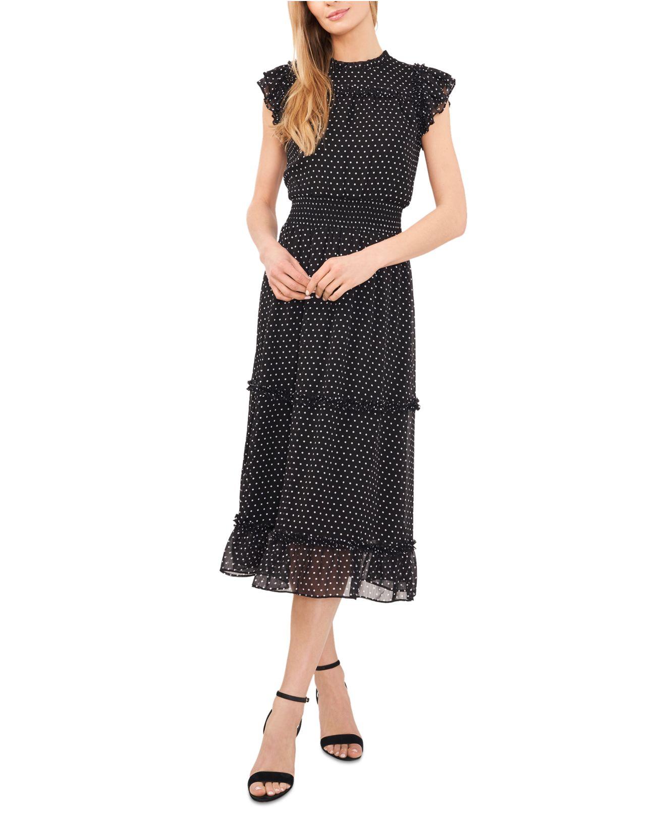 Cece Polka Dot Smockedwaist Fluttersleeve Midi Dress in Black Lyst