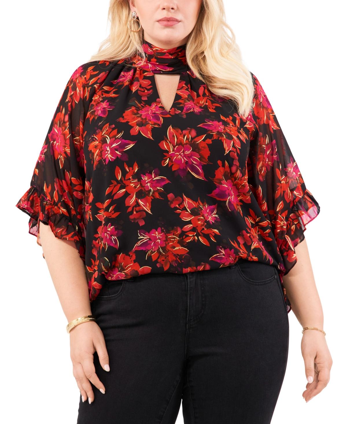 Vince Camuto Plus Size Floral-print Flutter-sleeve Raglan Keyhole Blouse in  Red | Lyst