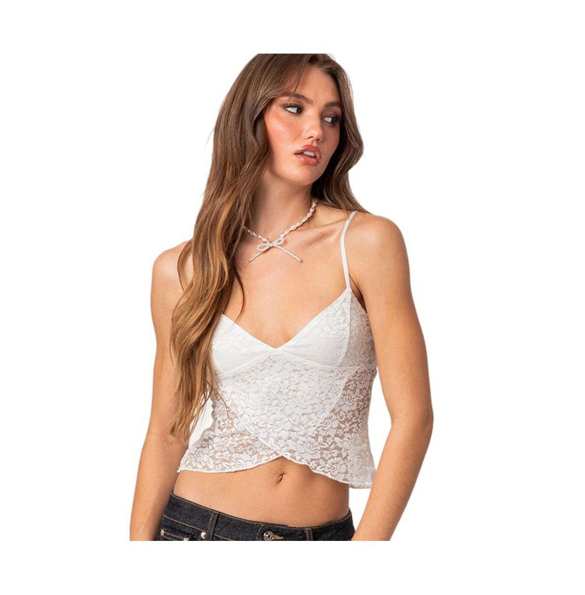 Edikted Crossover Sheer Lace Tank Top in White
