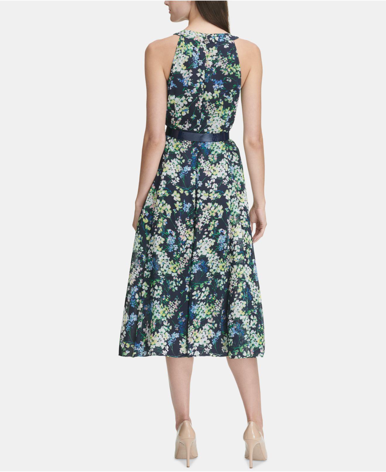 tommy hilfiger printed belted halter midi dress