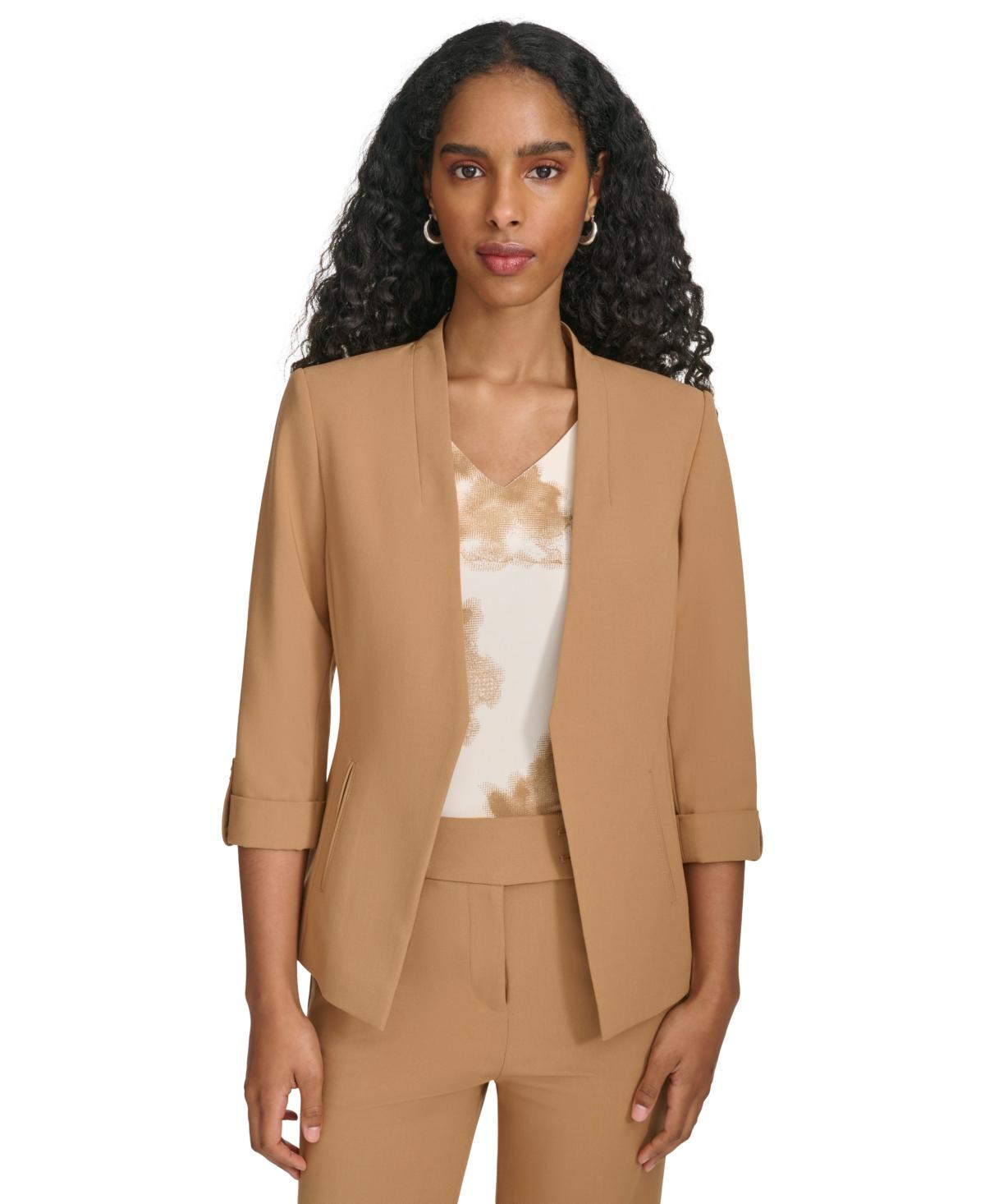 Calvin Klein Petite Open front Roll tab sleeve Asymmetrical Jacket in Brown Lyst