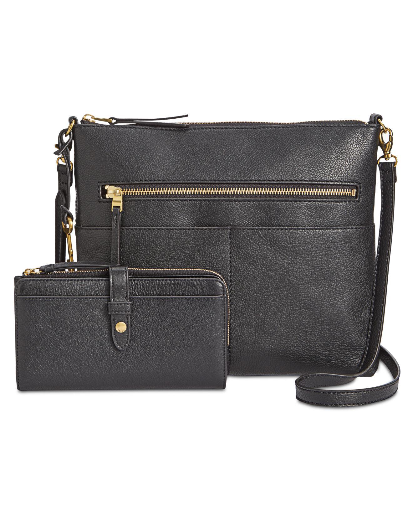 Fossil Fiona Medium Leather Crossbody in Black Gold Black 