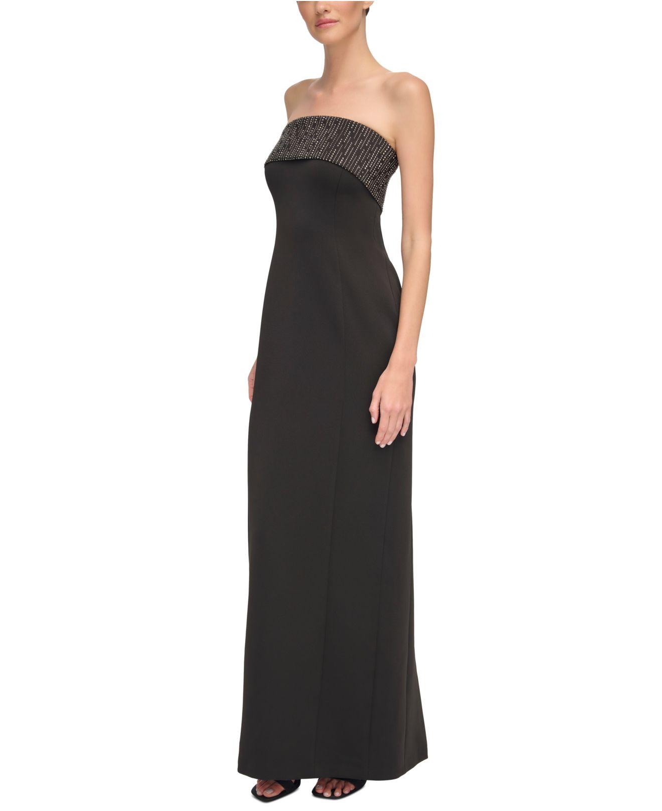Calvin Klein Embellished-overlay Strapless Gown in Black
