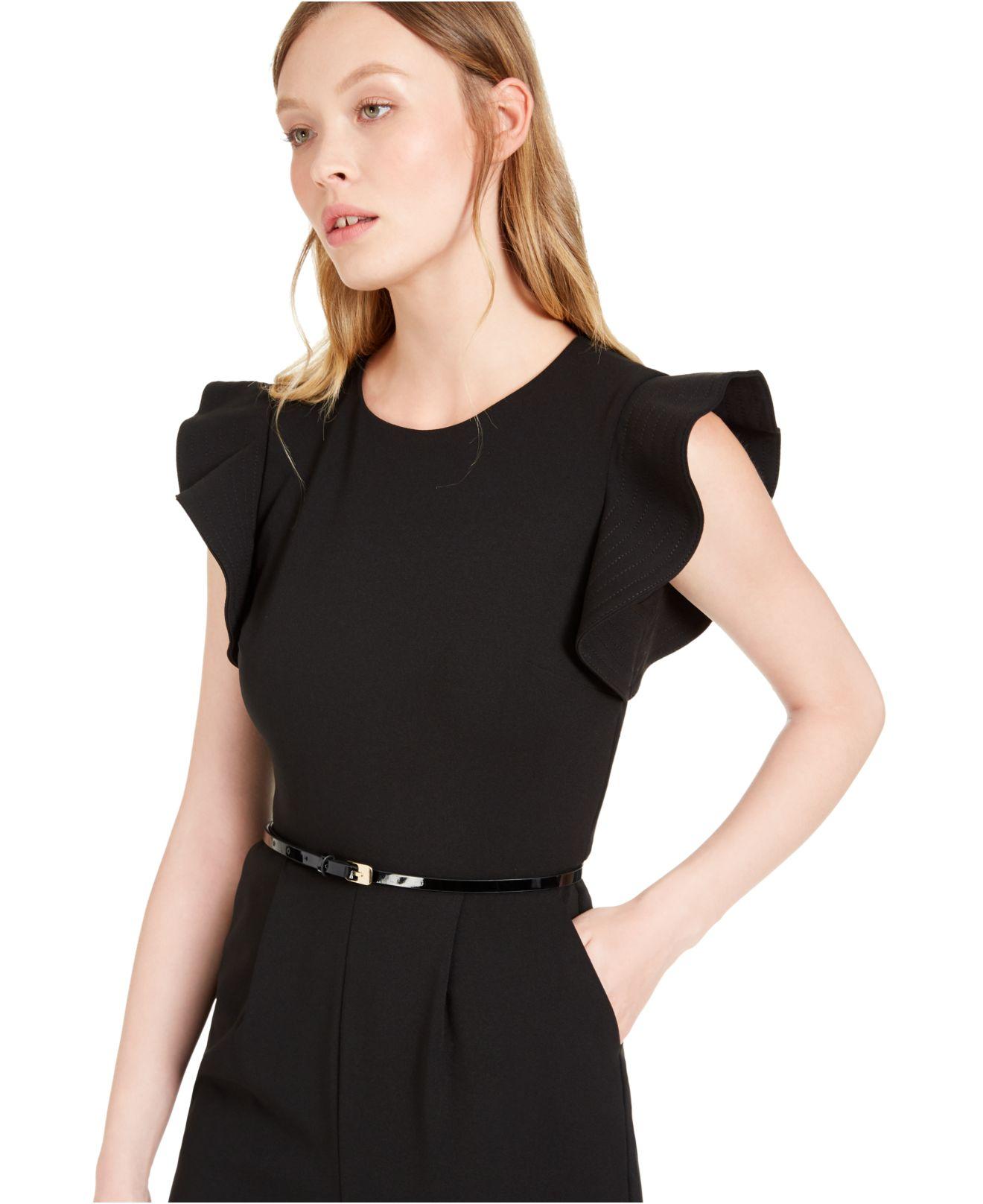 Calvin Klein Belted Ruffle-sleeve Jumpsuit in Black | Lyst