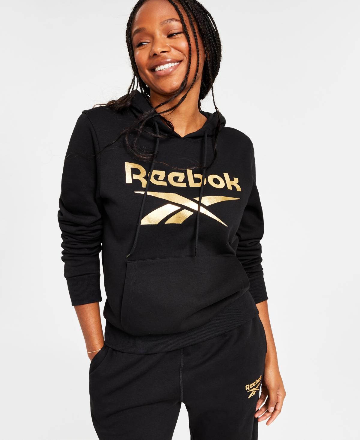 Reebok Metallic Foil Logo Pullover Fleece Hoodie in Black