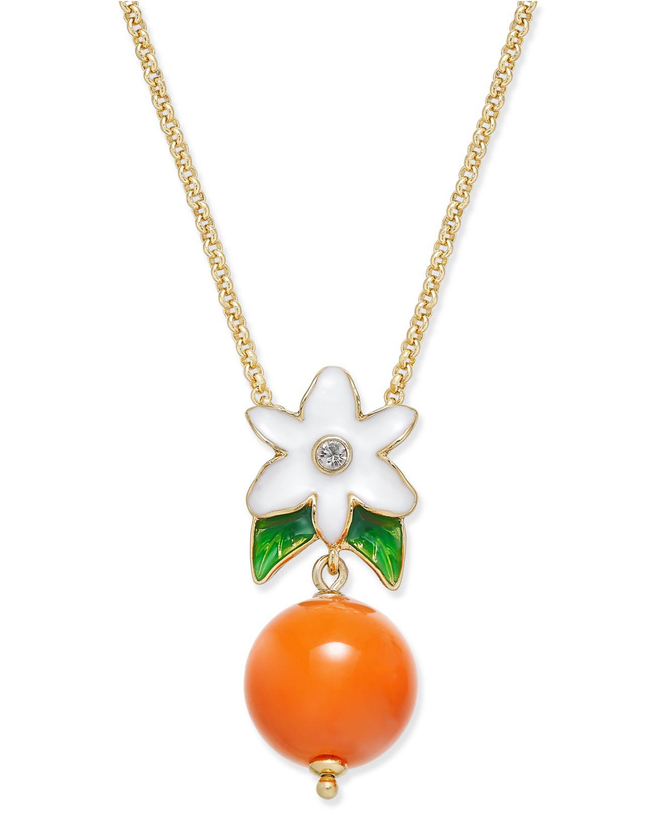 Kate Spade Goldtone Crystal White Enamel Flower & Orange Bead Pendant