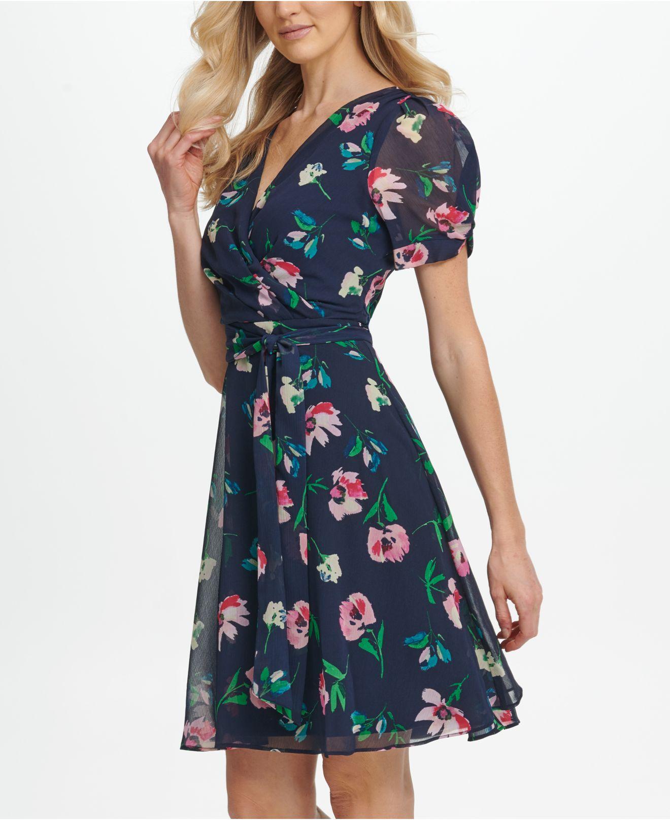 DKNY Knot Puff Sleeve Chiffon Fit Flare 