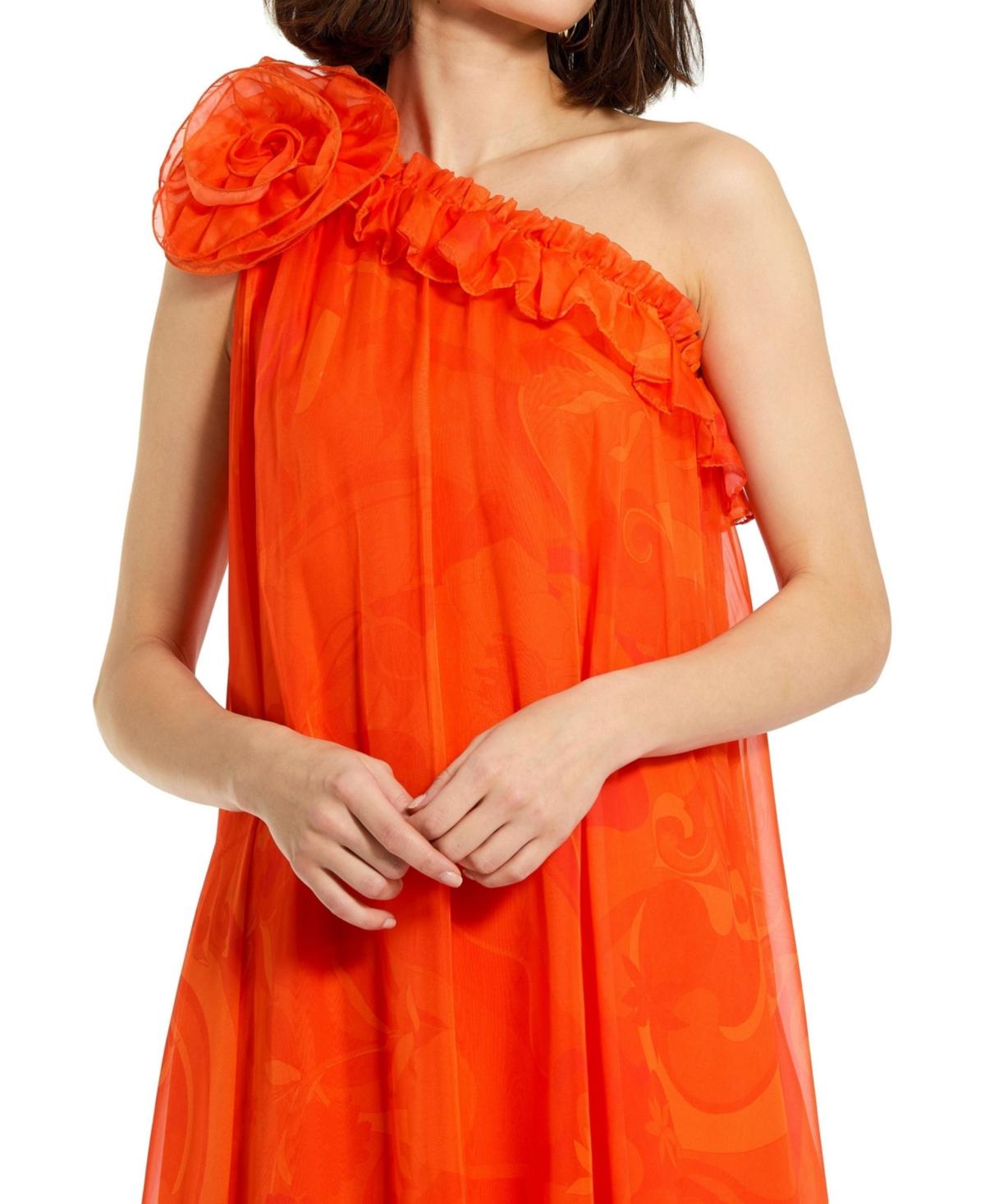 Mac Duggal Printed Chiffon One Shoulder Rose Ruffle Gown in