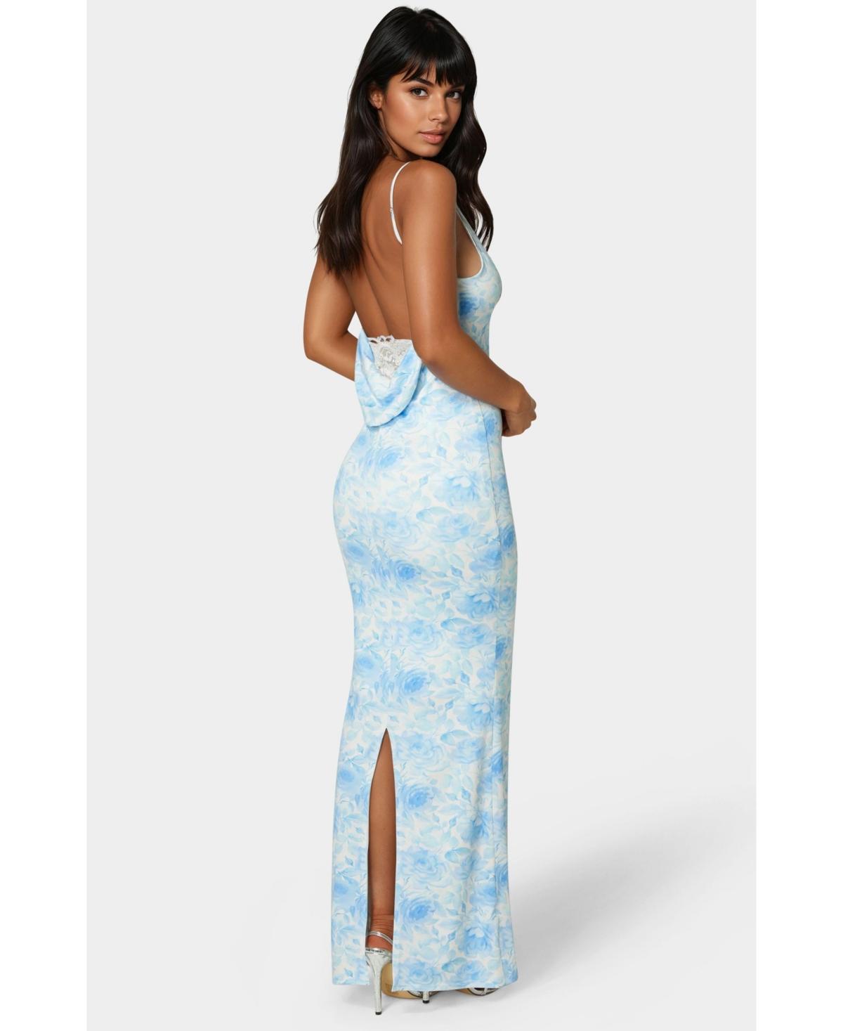 Bebe Backless Lace Inset Maxi Dress in Blue