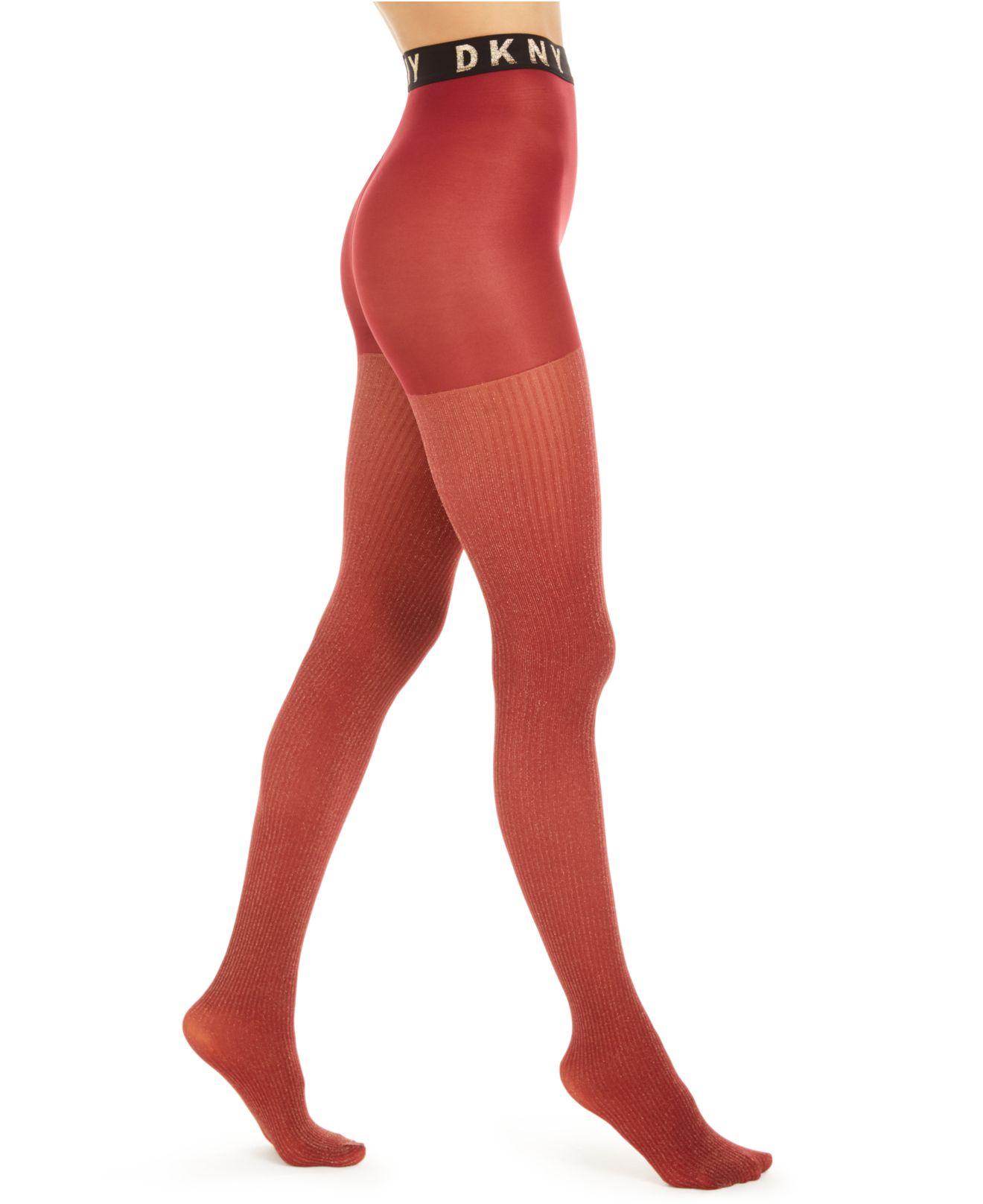 DKNY Synthetic Lurex® Ribbed Controltop Tights in Crimson/Gold (Red