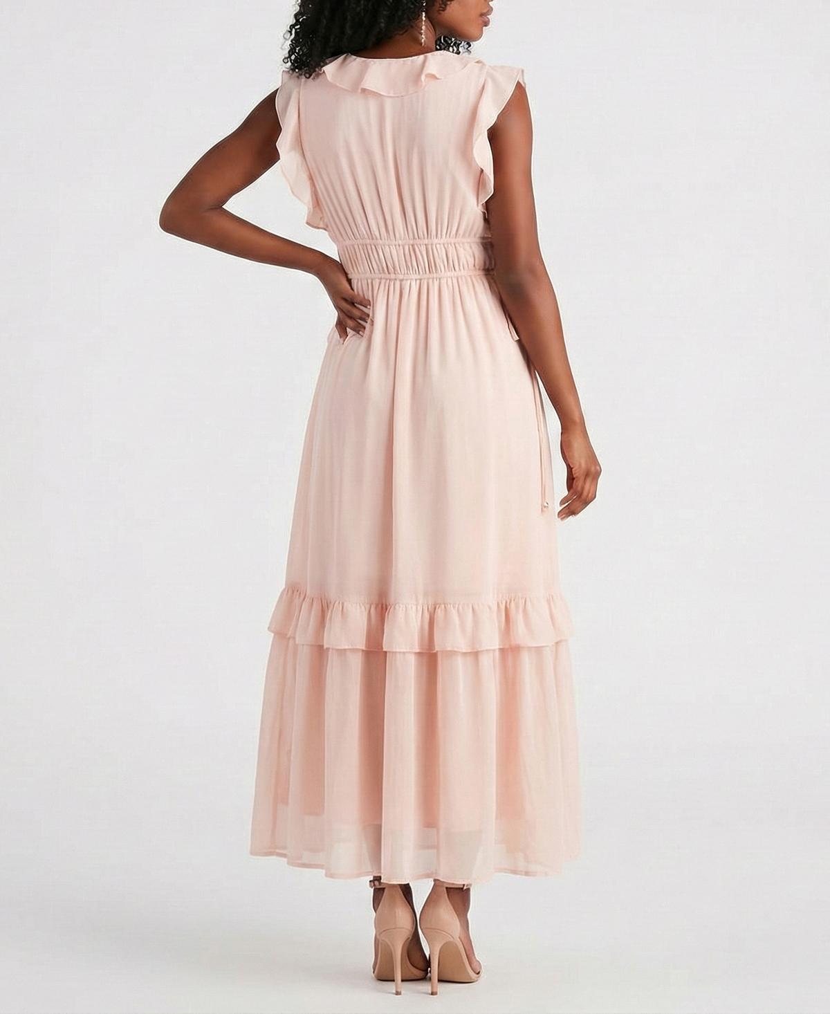 macys pink ruffle dress B Darlin Juniors' Floral Ruffle-Tiered Straight-Neck Gown, Created for Macy's