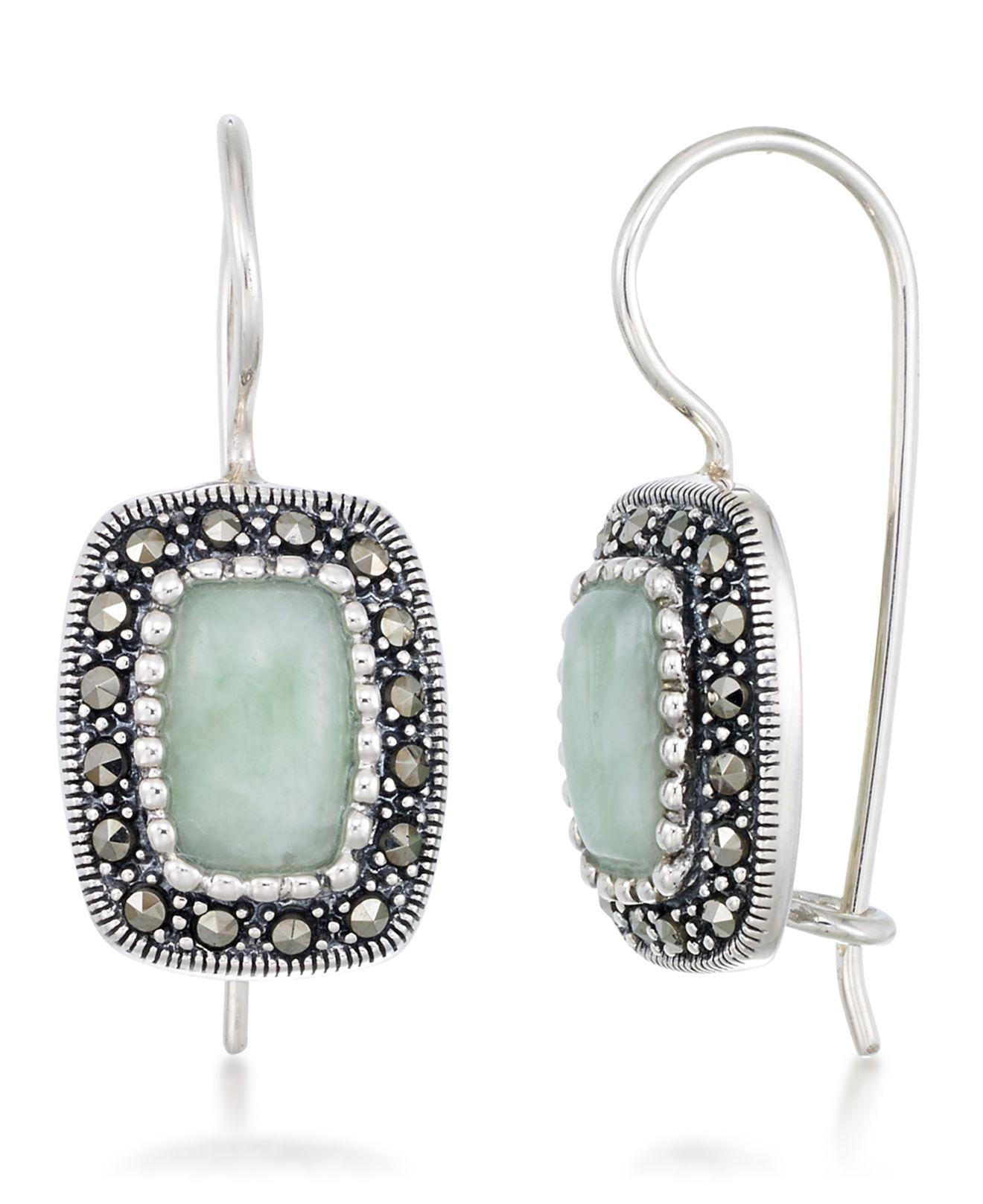 Macy's Jade (9 X 6mm) & Marcasite Rectangle Earrings In Sterling Silver in Metallic Lyst