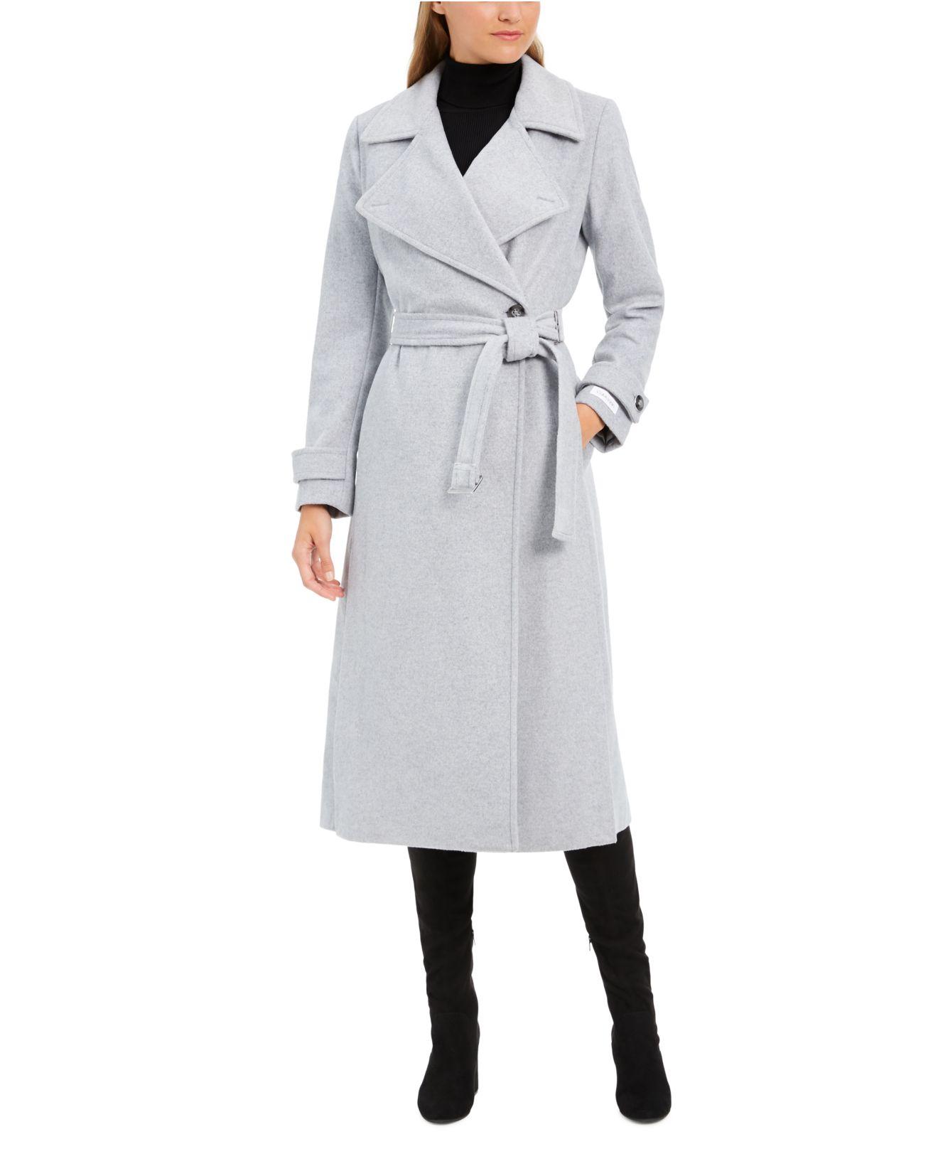 Calvin Klein Wool Belted Wrap Coat - Lyst
