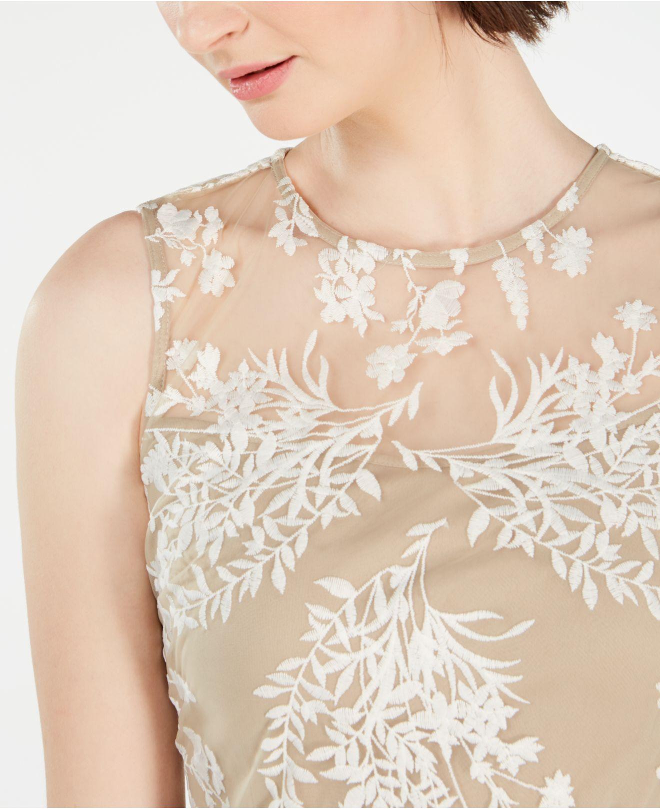 calvin klein floral embroidered trumpet midi dress