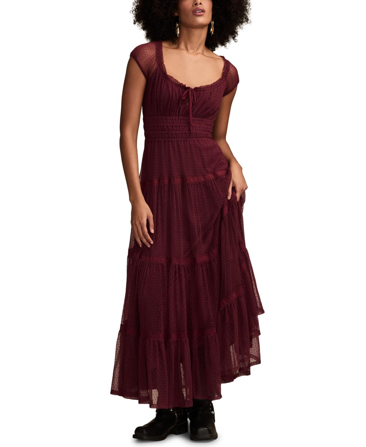 lucky brand red dress Lucky Brand Women's Simone Printed Lace-Trim Midi Dress - Red Ditsy